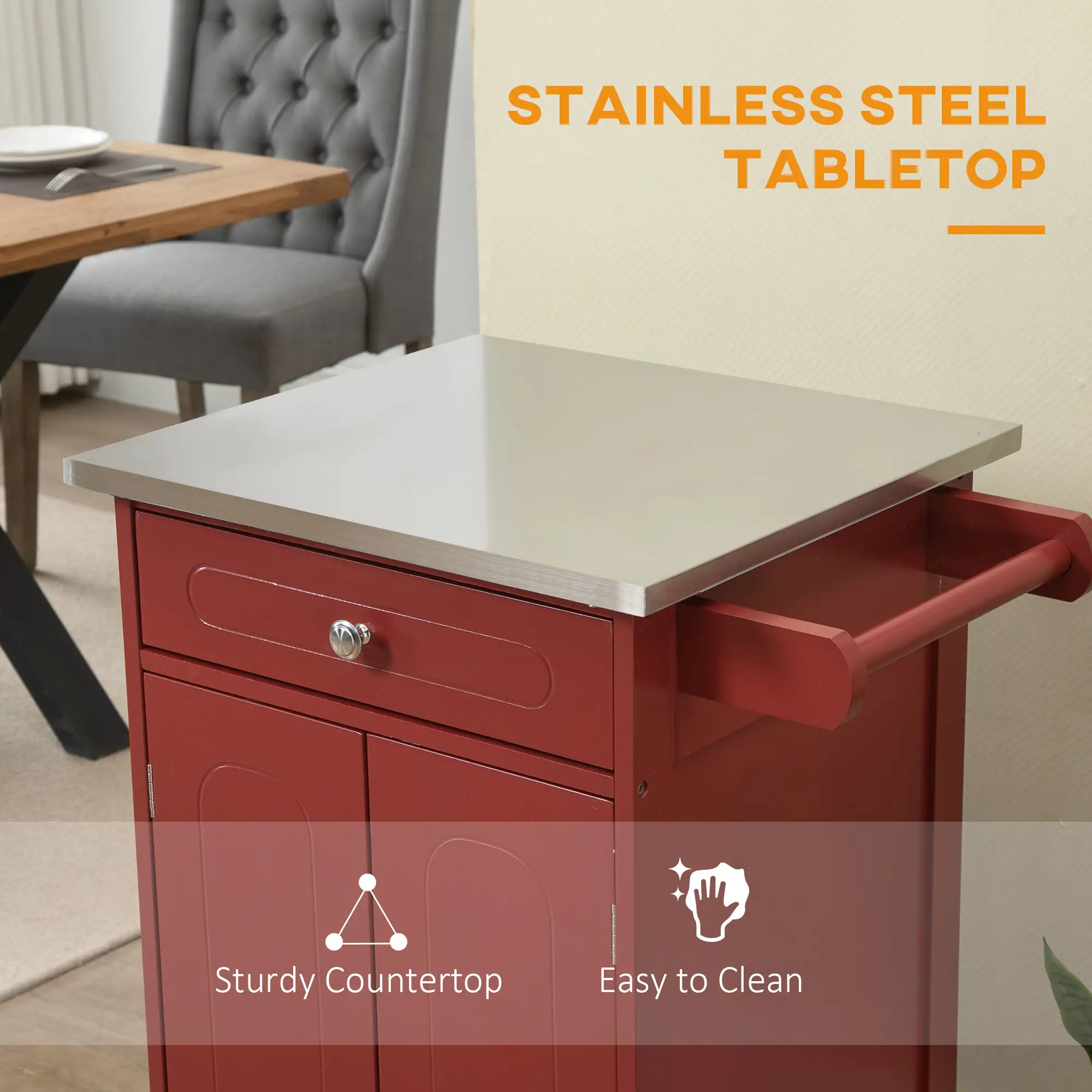 Kitchen Cart, Stainless Steel Top, Storage Drawer, 36x24x36 in, Red - Image 5