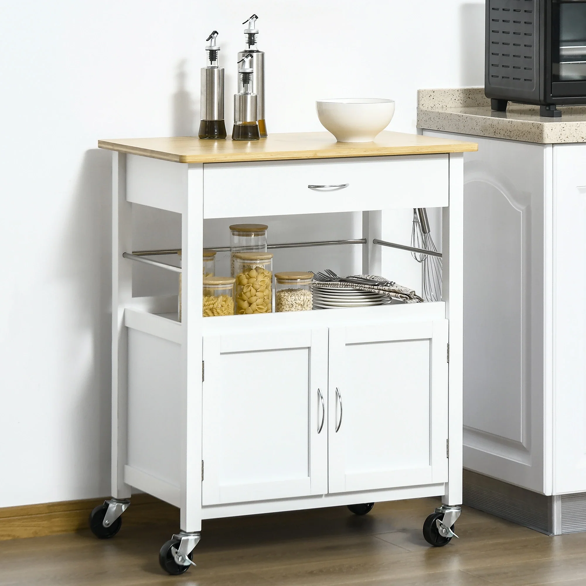 Kitchen Cart, Utility Trolley, Small Island with Drawer, White - Image 2
