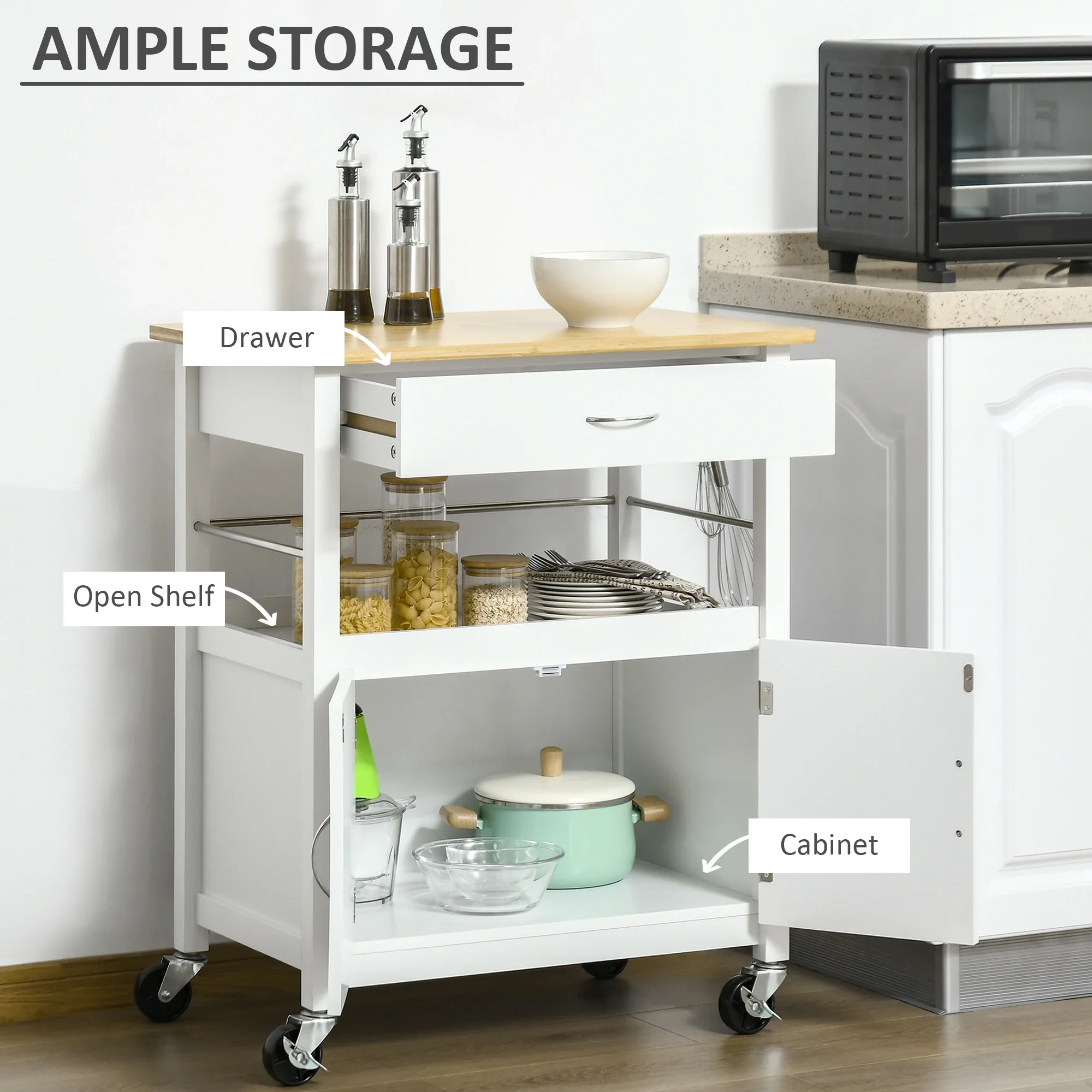 Kitchen Cart, Utility Trolley, Small Island with Drawer, White - Image 4
