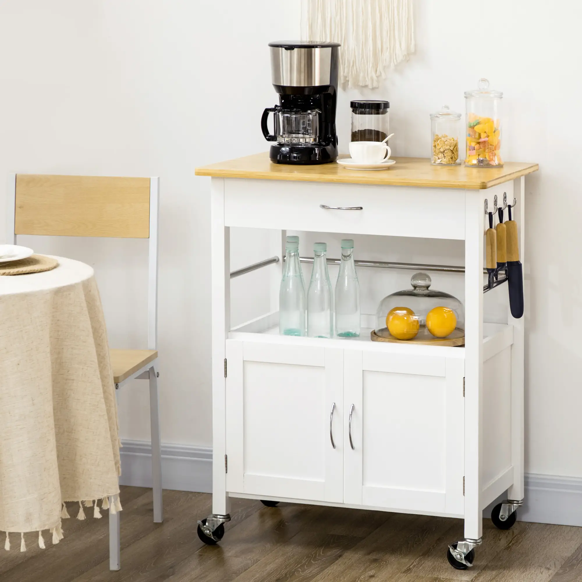 Kitchen Cart, Utility Trolley, Small Island with Drawer, White - Image 7