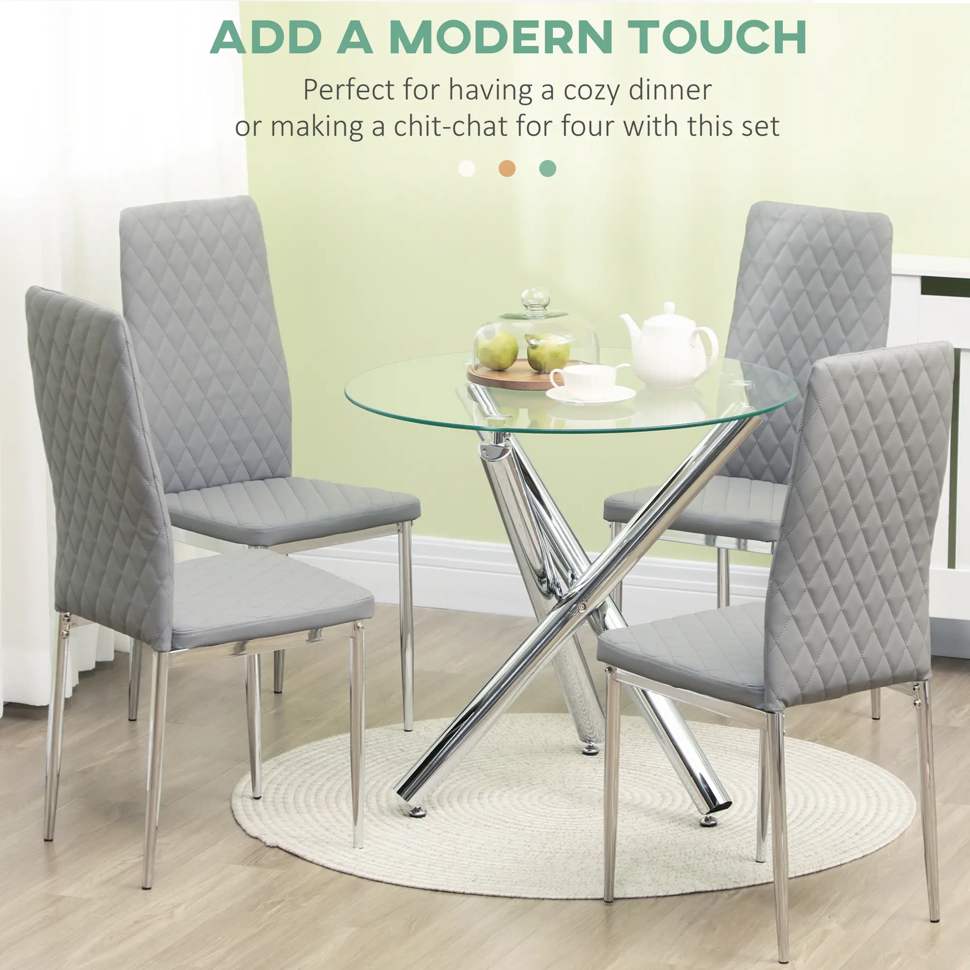Kitchen Chairs Set of 4, Faux Leather Upholstery, Steel Legs, Grey - Image 4