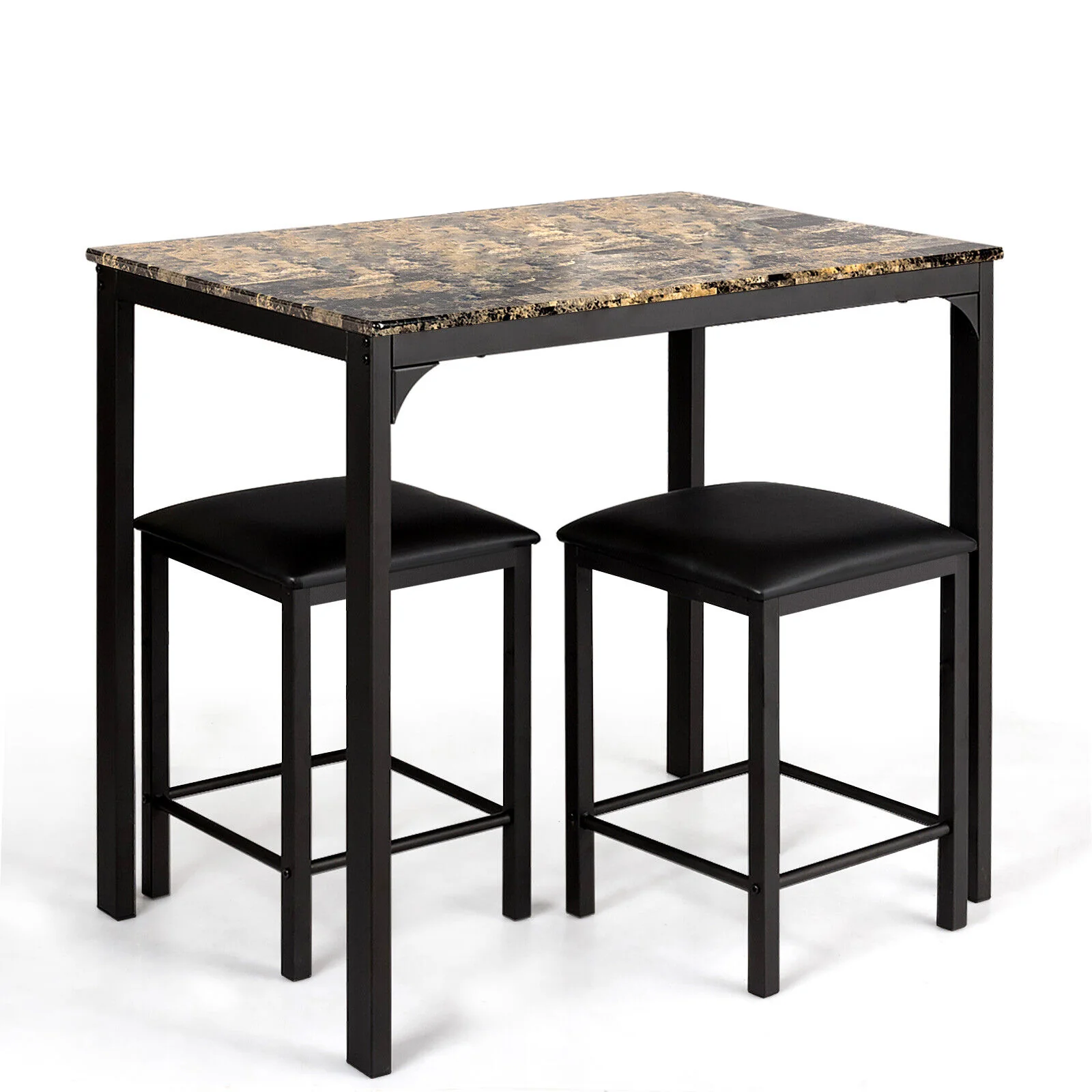 Kitchen Counter Height Faux Marble Table, 2 Chairs Set, Brown