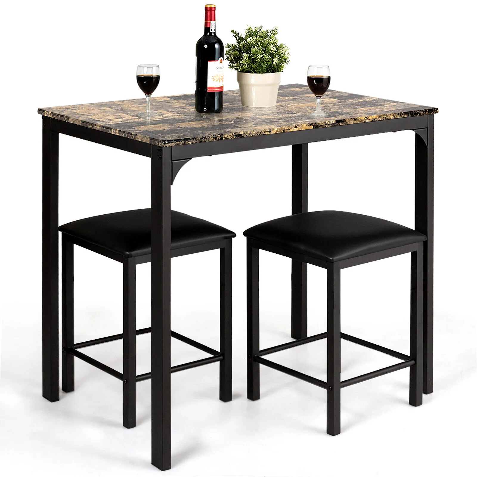 Kitchen Counter Height Faux Marble Table, 2 Chairs Set, Brown - Image 5