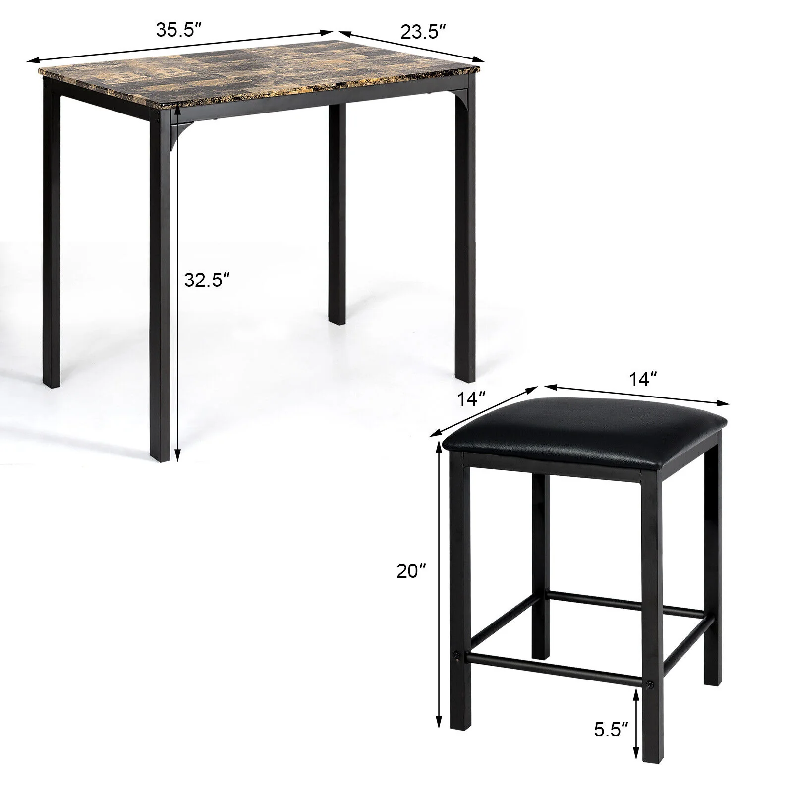 Kitchen Counter Height Faux Marble Table, 2 Chairs Set, Brown - Image 6