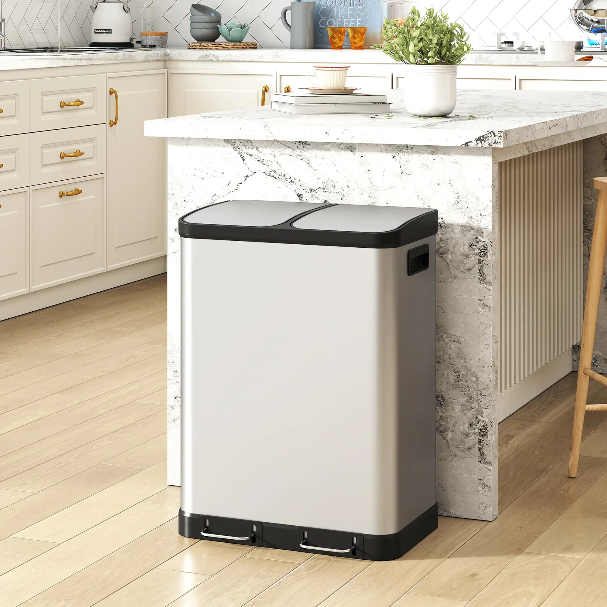 Kitchen Garbage Bin, 2 x 7.9 Gal, Soft-Close With Removable Buckets, Silver - Image 2