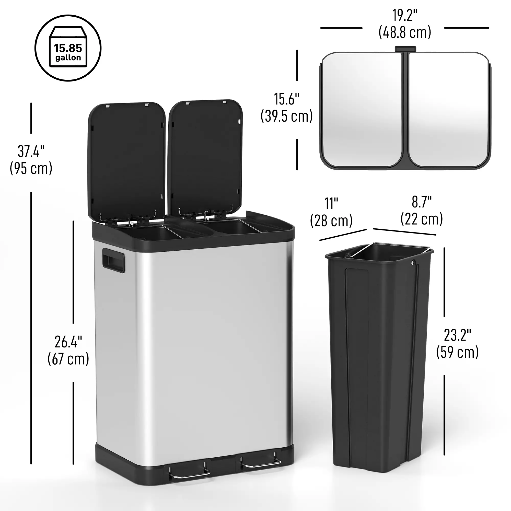 Kitchen Garbage Bin, 2 x 7.9 Gal, Soft-Close With Removable Buckets, Silver - Image 3