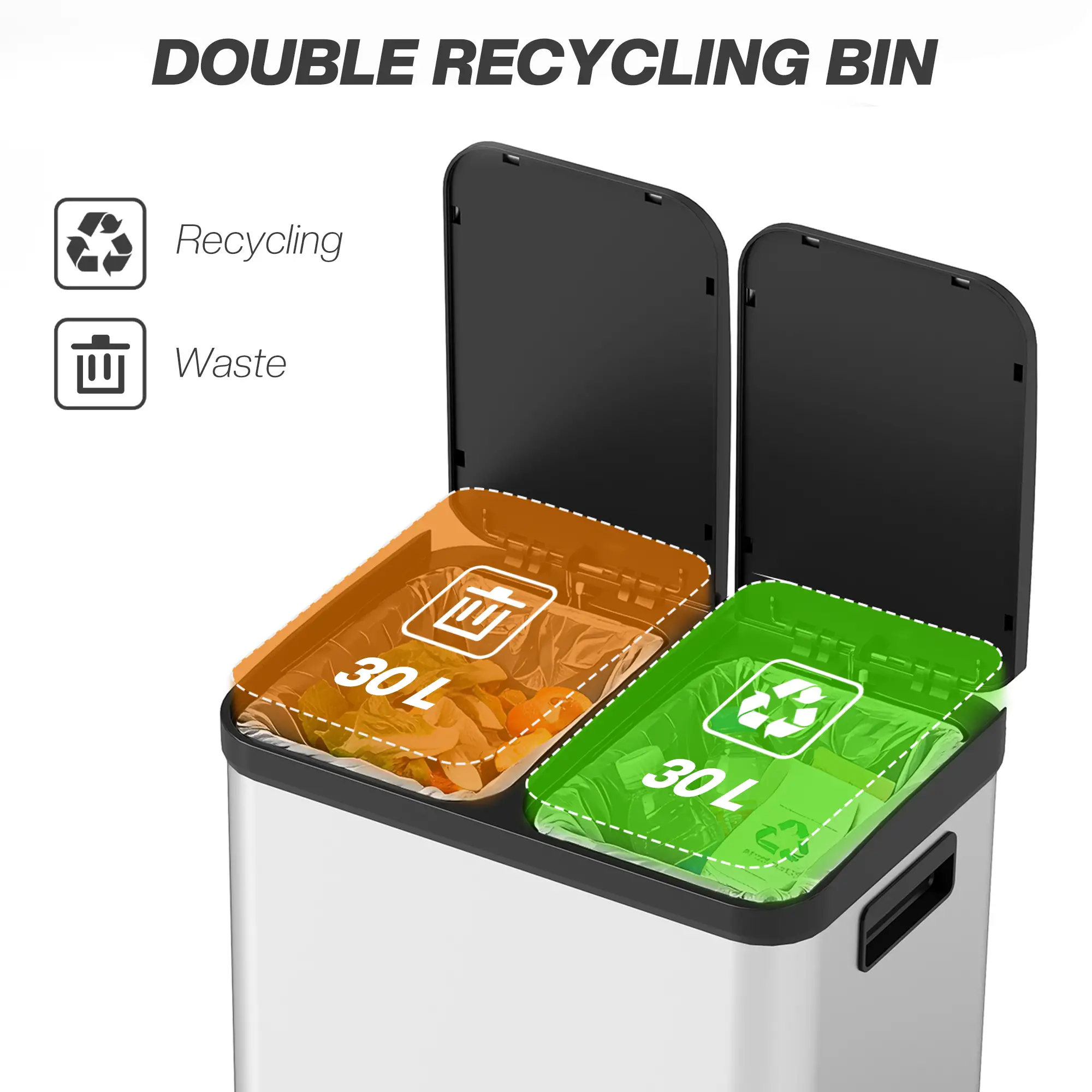 Kitchen Garbage Bin, 2 x 7.9 Gal, Soft-Close With Removable Buckets, Silver - Image 4