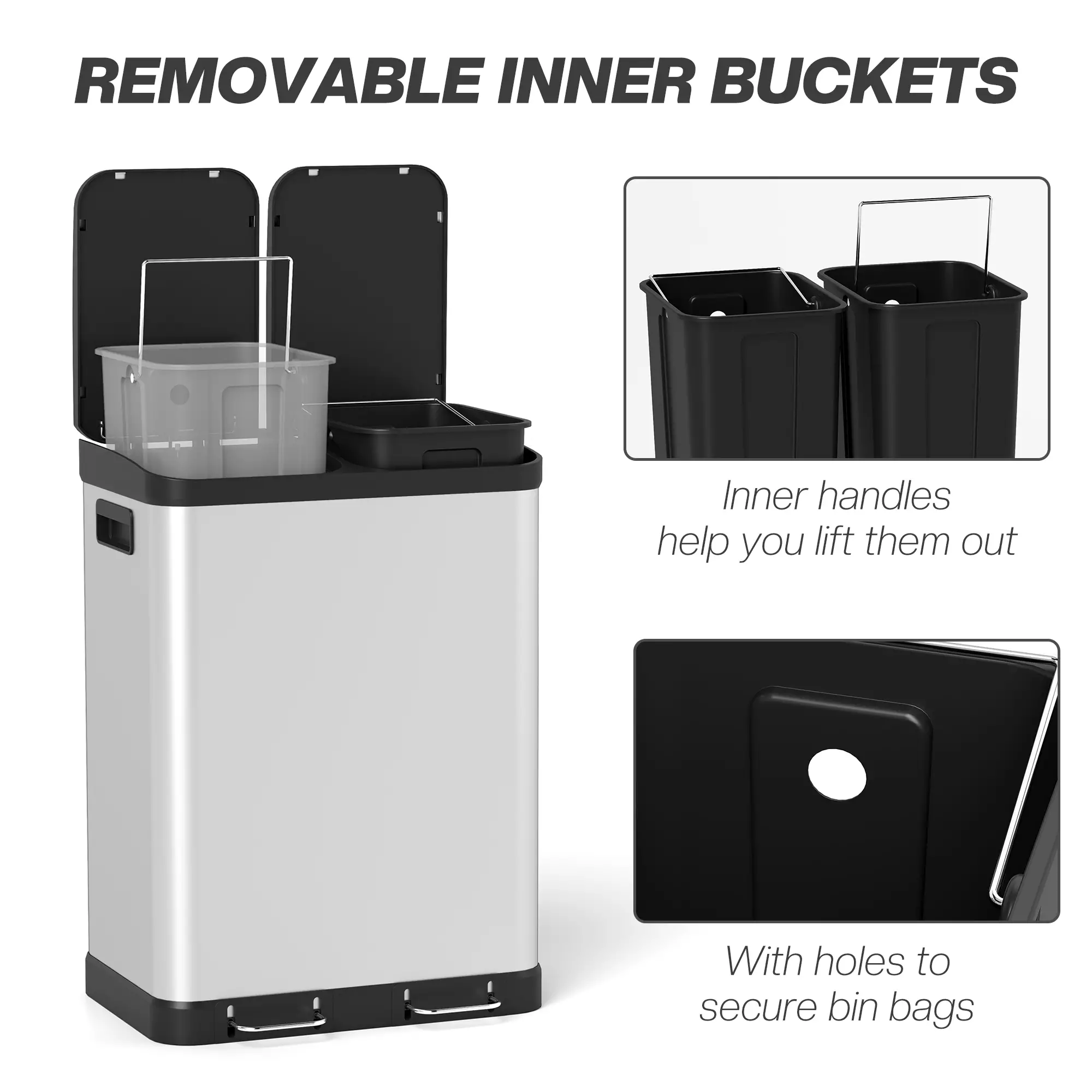 Kitchen Garbage Bin, 2 x 7.9 Gal, Soft-Close With Removable Buckets, Silver - Image 5