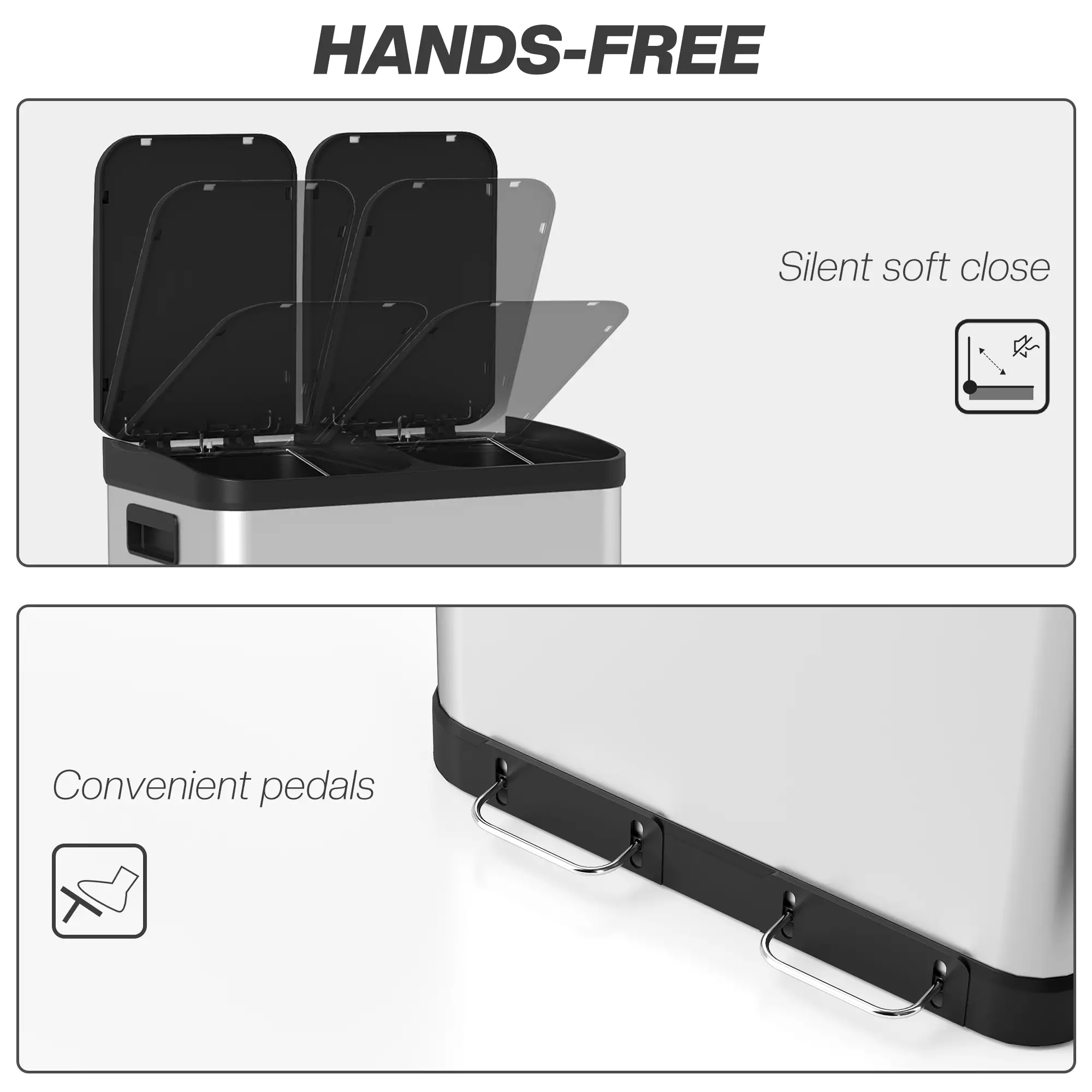 Kitchen Garbage Bin, 2 x 7.9 Gal, Soft-Close With Removable Buckets, Silver - Image 6