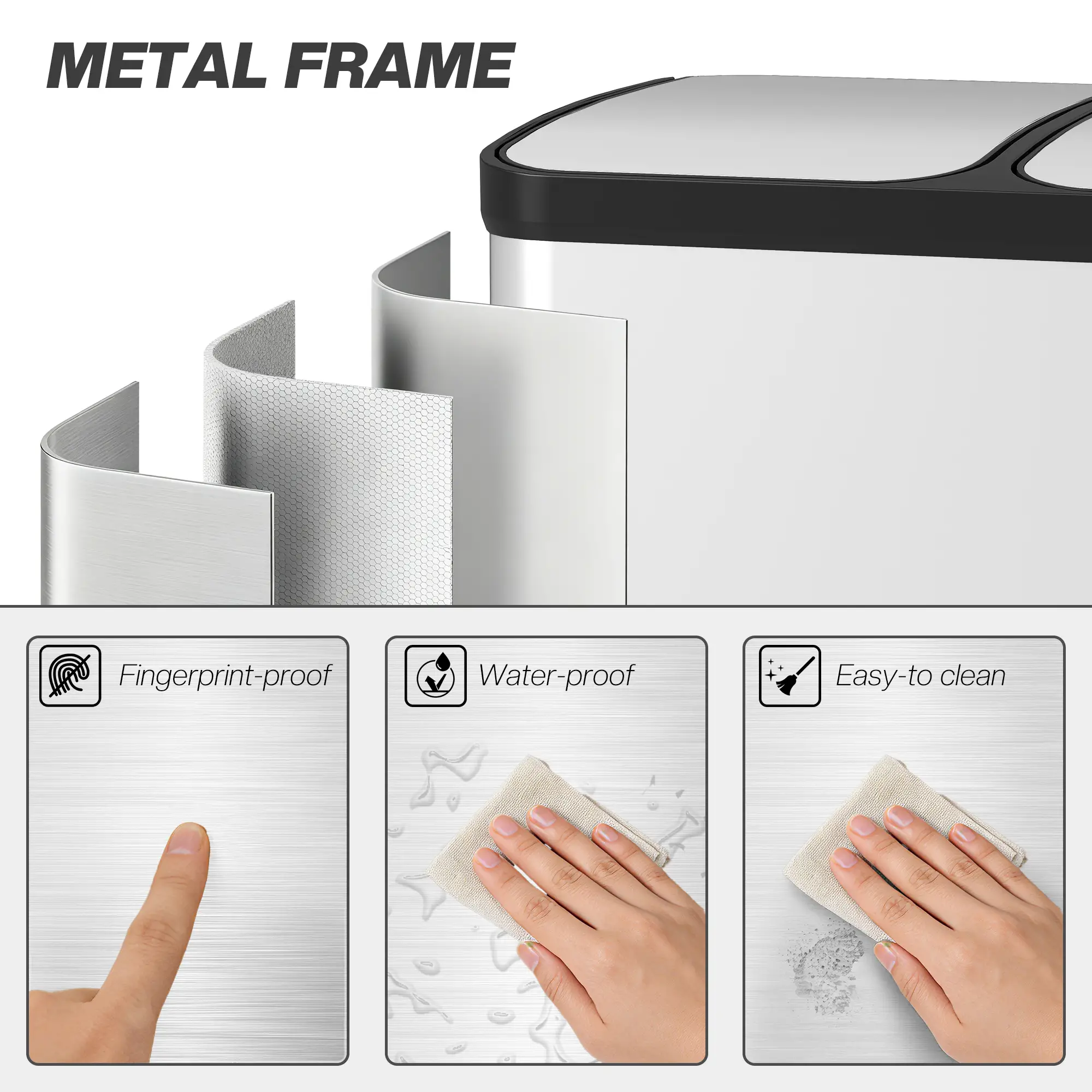 Kitchen Garbage Bin, 2 x 7.9 Gal, Soft-Close With Removable Buckets, Silver - Image 7