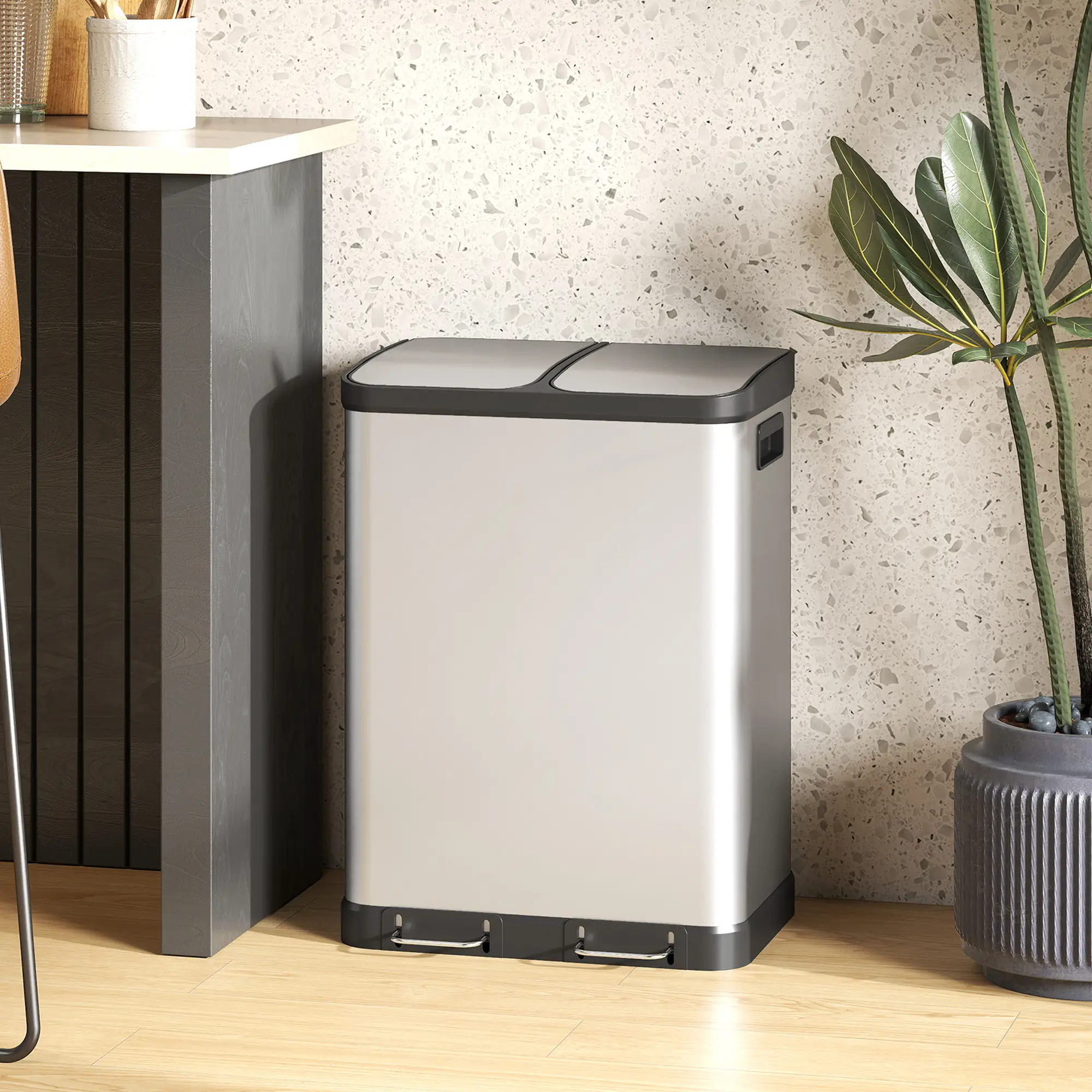 Kitchen Garbage Bin, 2 x 7.9 Gal, Soft-Close With Removable Buckets, Silver - Image 8