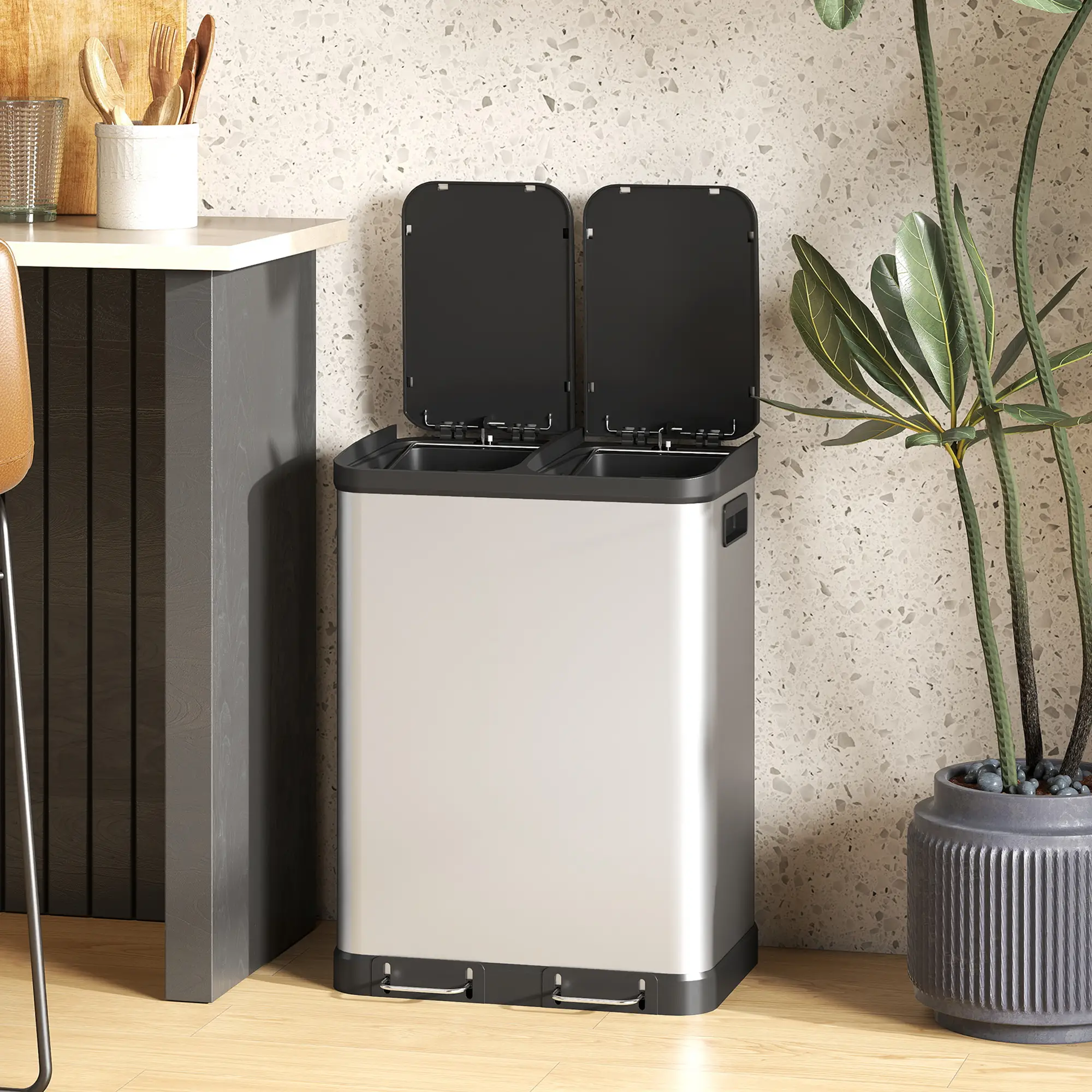 Kitchen Garbage Bin, 2 x 7.9 Gal, Soft-Close With Removable Buckets, Silver - Image 9