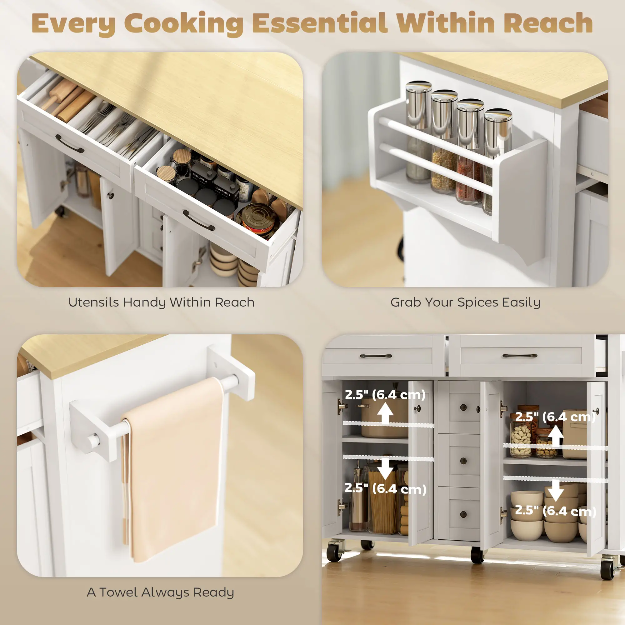 Kitchen Island Cart with Power Outlet, Drop Leaf, 55 Inch, White - Image 4