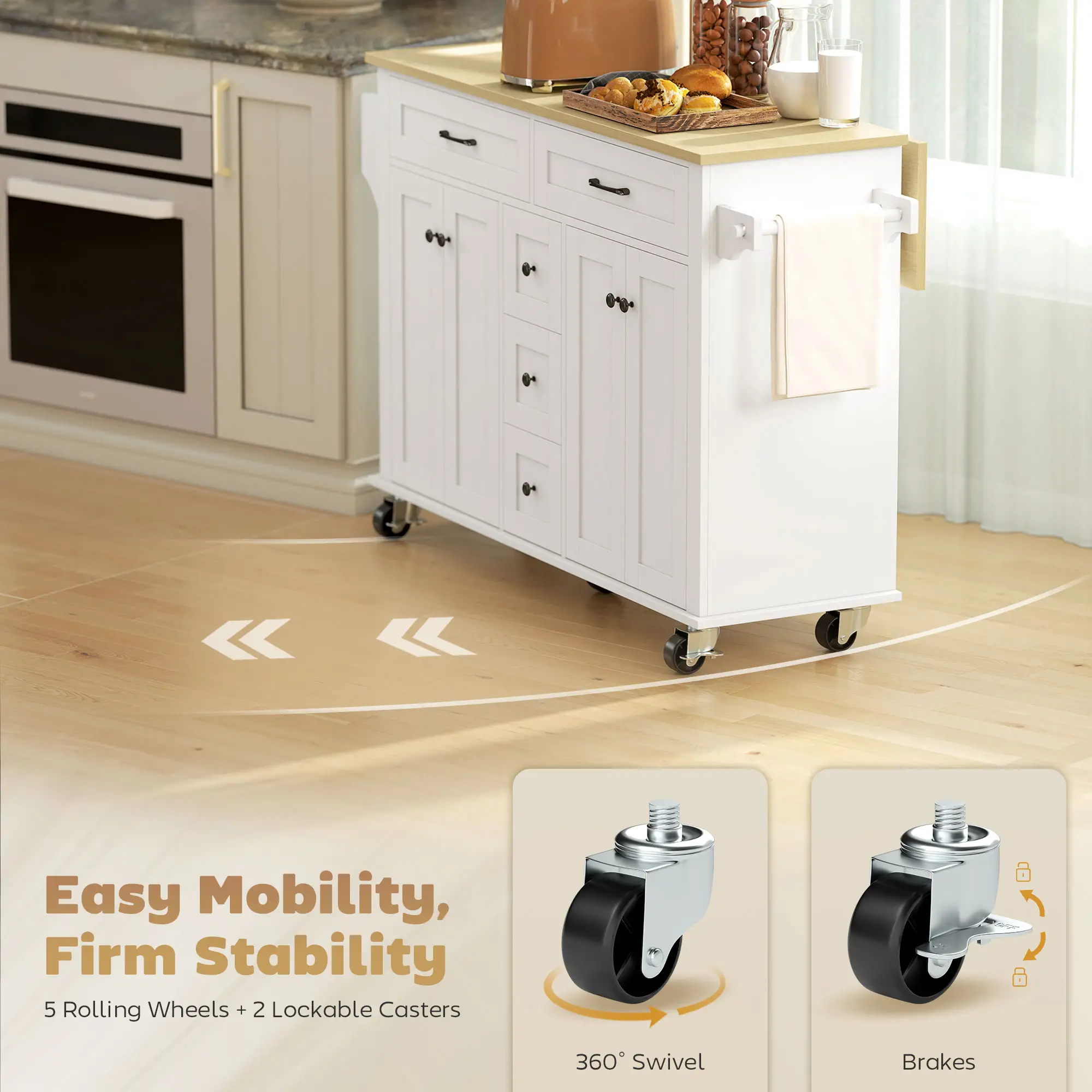 Kitchen Island Cart with Power Outlet, Drop Leaf, 55 Inch, White - Image 9