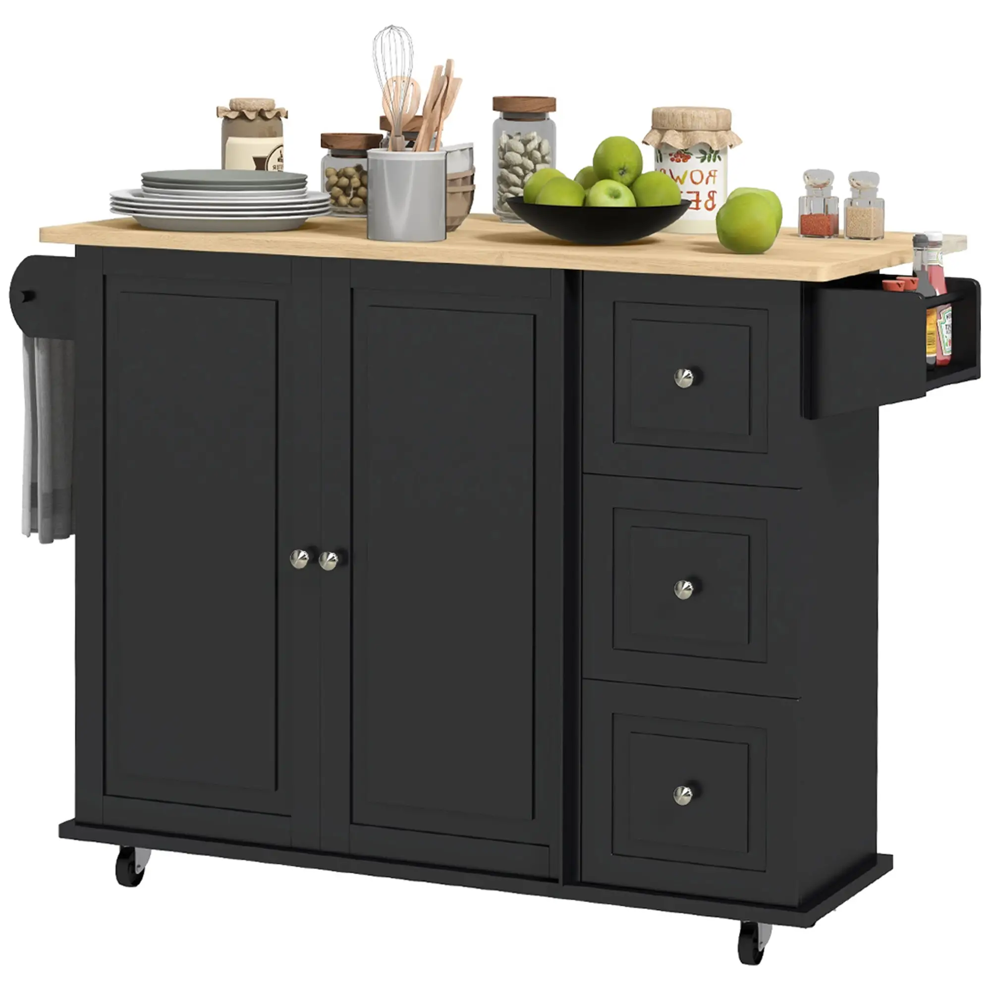 Kitchen Island on Wheels, Drop Leaf Cart with Drawers, Black - Image 11