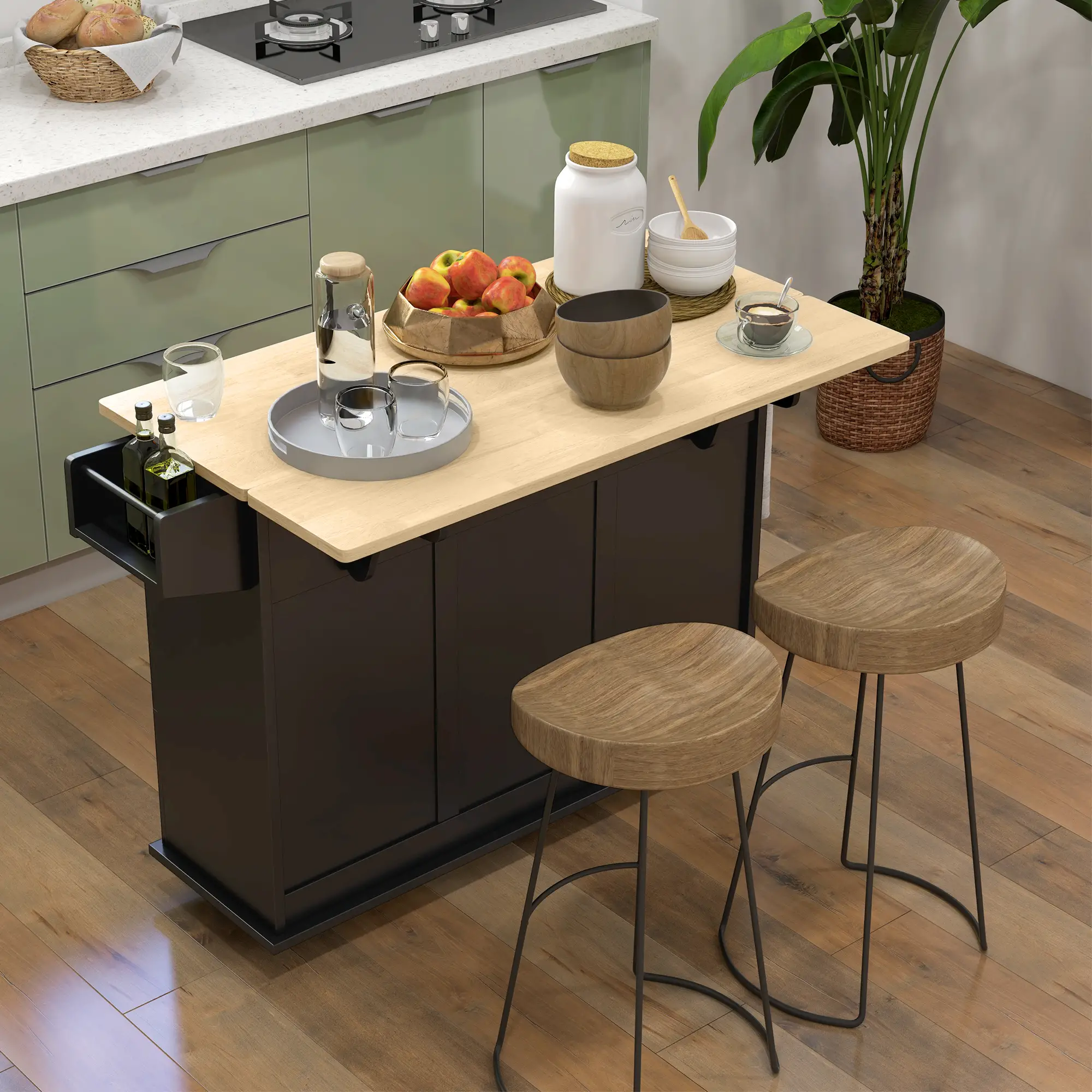 Kitchen Island on Wheels, Drop Leaf Cart with Drawers, Black - Image 2