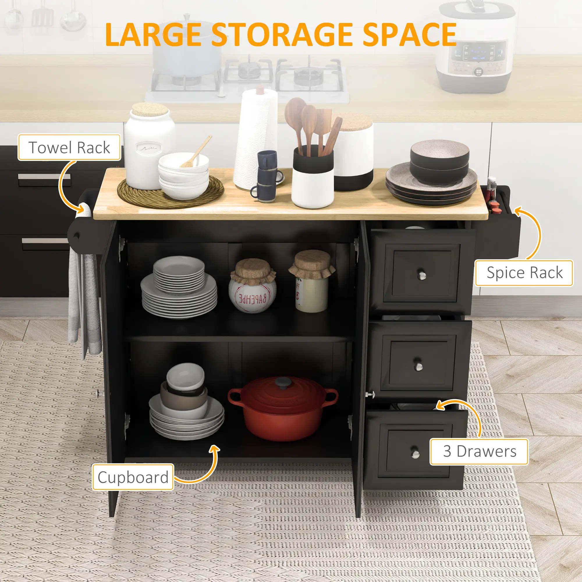 Kitchen Island on Wheels, Drop Leaf Cart with Drawers, Black - Image 4