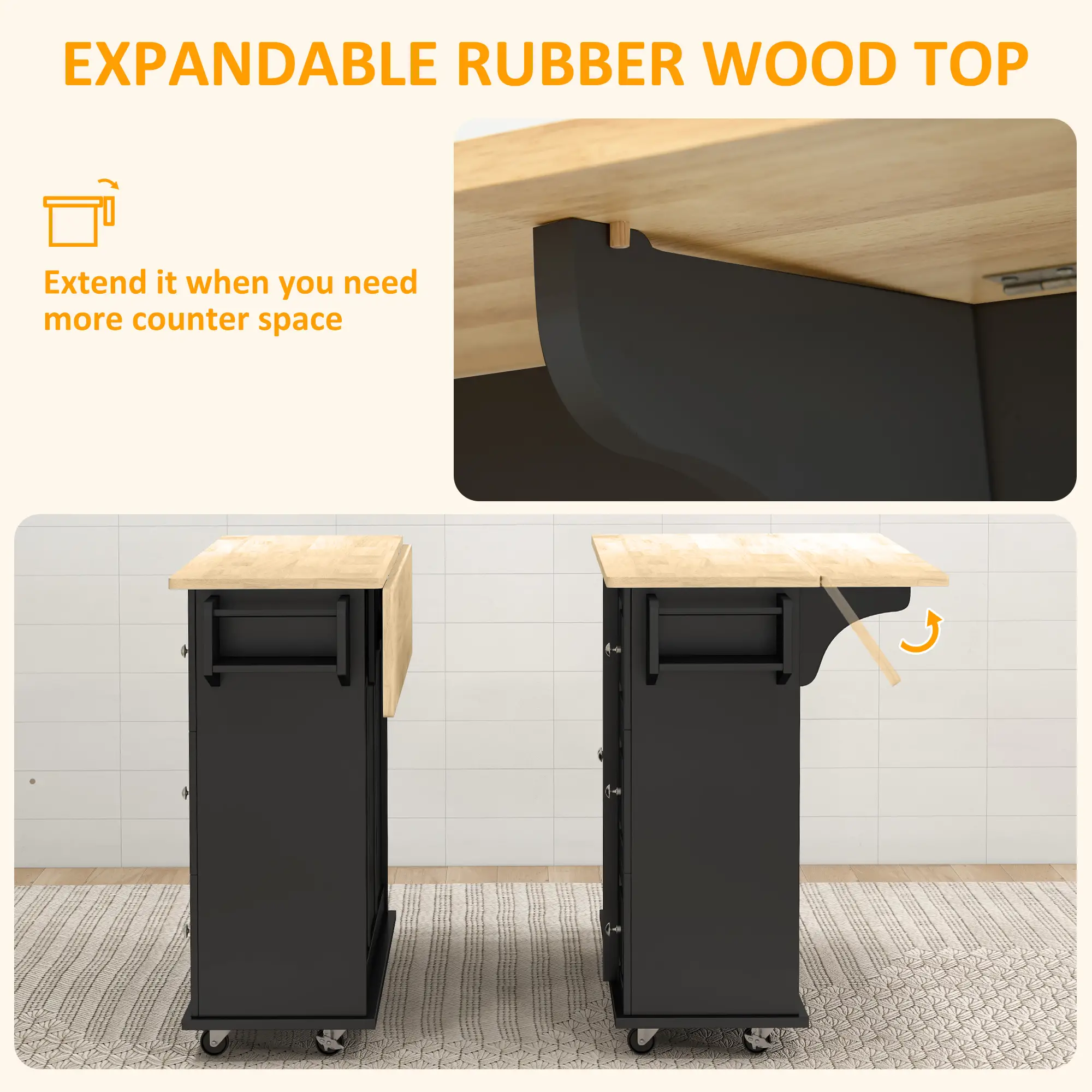 Kitchen Island on Wheels, Drop Leaf Cart with Drawers, Black - Image 5