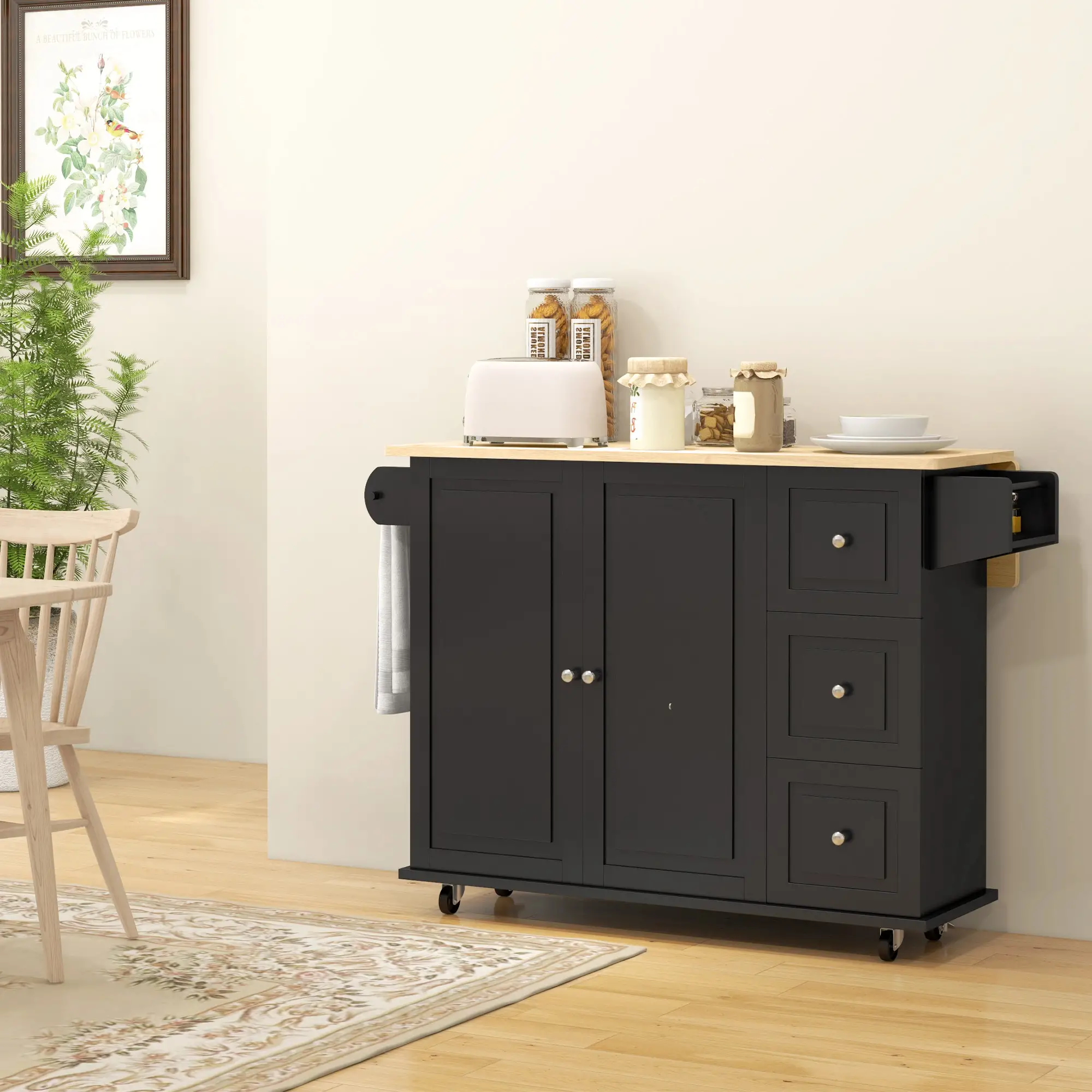 Kitchen Island on Wheels, Drop Leaf Cart with Drawers, Black - Image 9