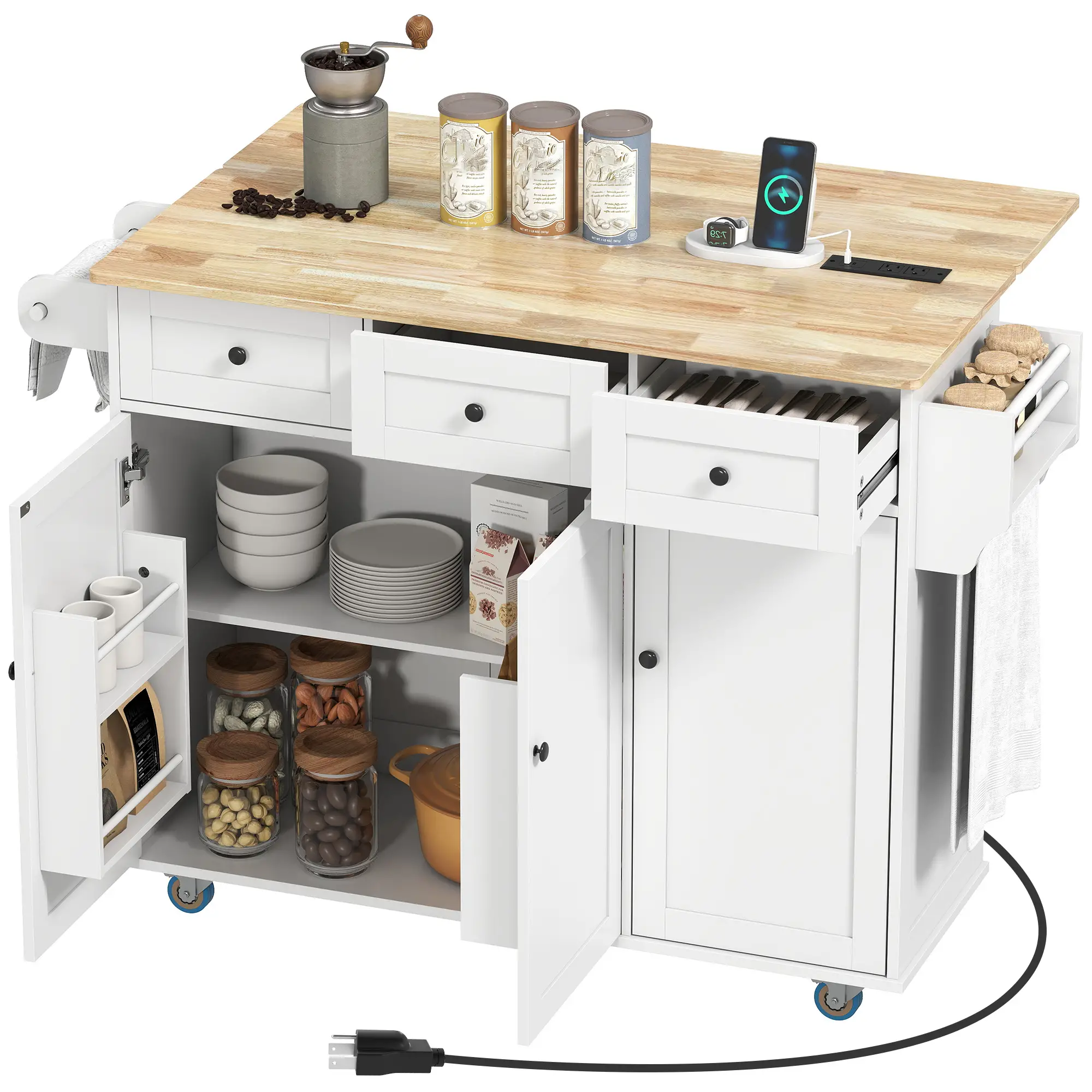 Kitchen Island on Wheels, Drop Leaf, Charging Station, Wood Top, Adjustable Shelf, White - Image 11