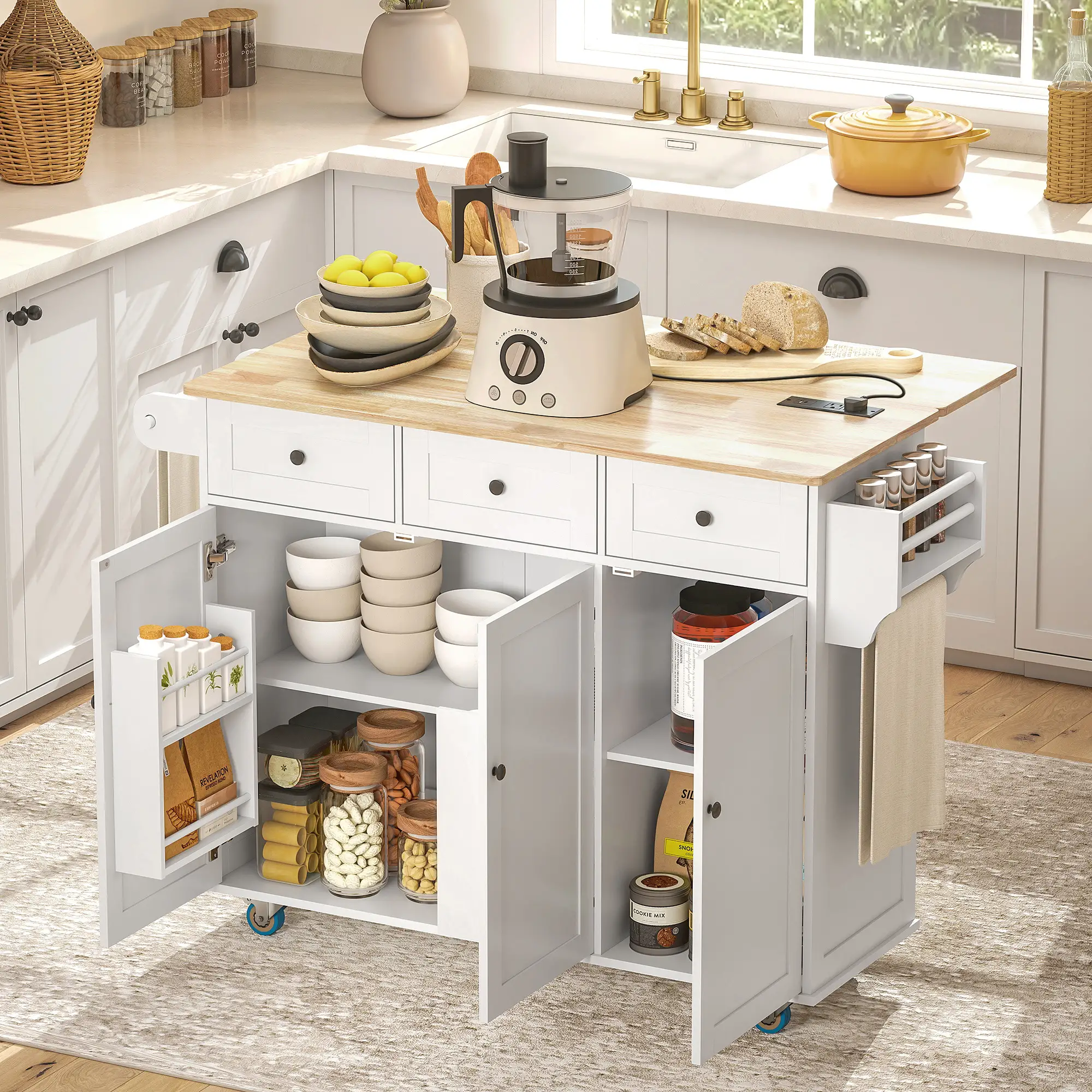 Kitchen Island on Wheels, Drop Leaf, Charging Station, Wood Top, Adjustable Shelf, White - Image 2