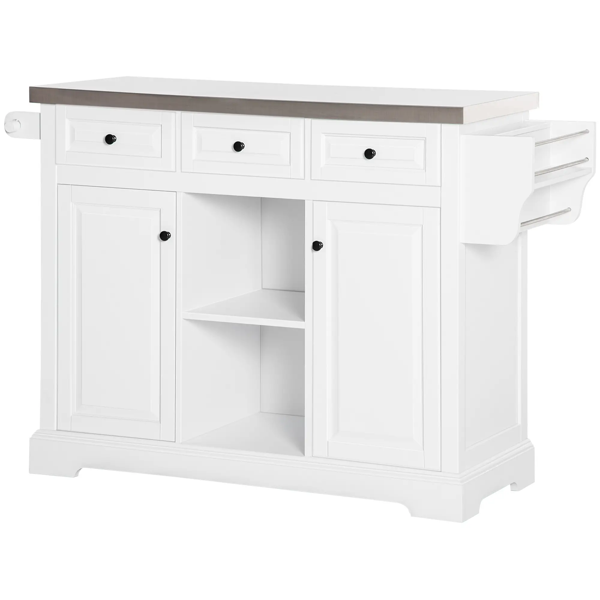 Kitchen Island on Wheels, Stainless Steel Top, Spice Rack, Drawers, White