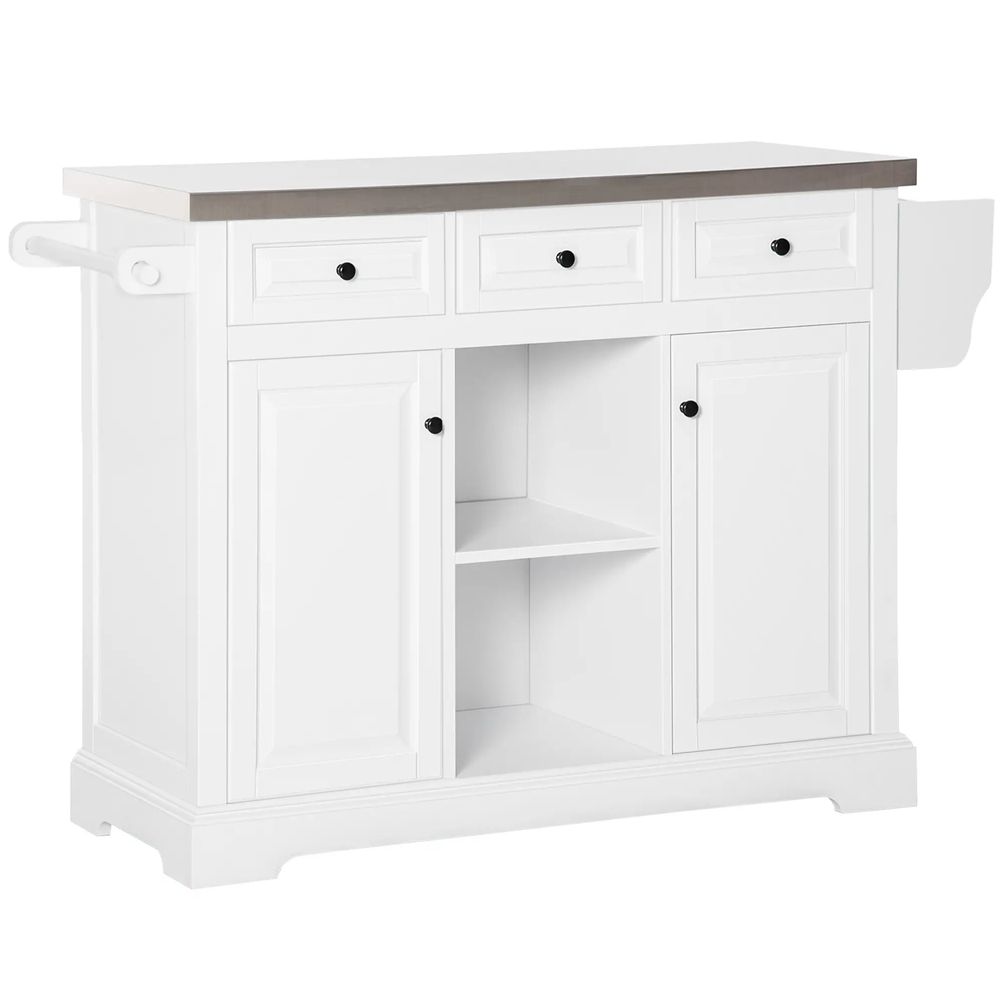 Kitchen Island on Wheels, Stainless Steel Top, Spice Rack, Drawers, White - Image 11