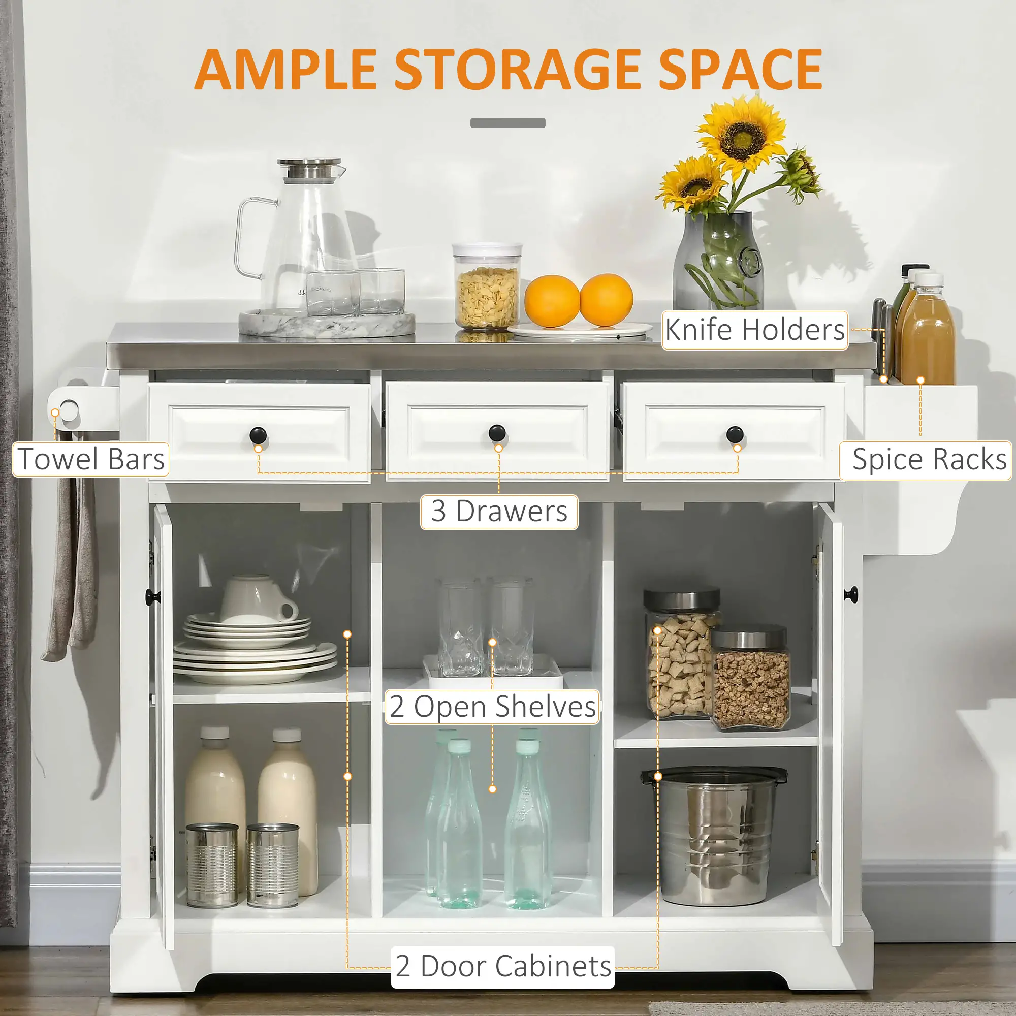 Kitchen Island on Wheels, Stainless Steel Top, Spice Rack, Drawers, White - Image 4