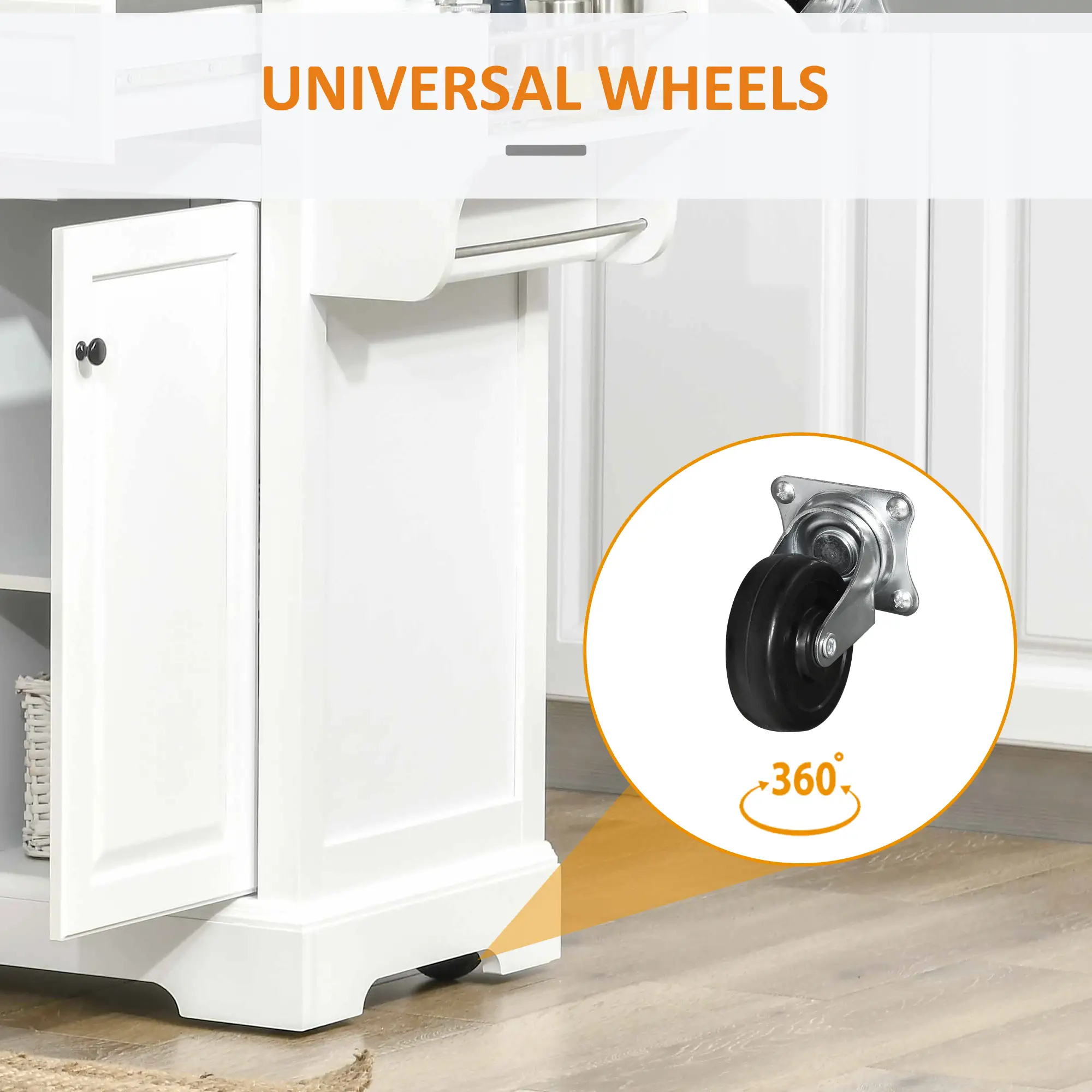 Kitchen Island on Wheels, Stainless Steel Top, Spice Rack, Drawers, White - Image 5
