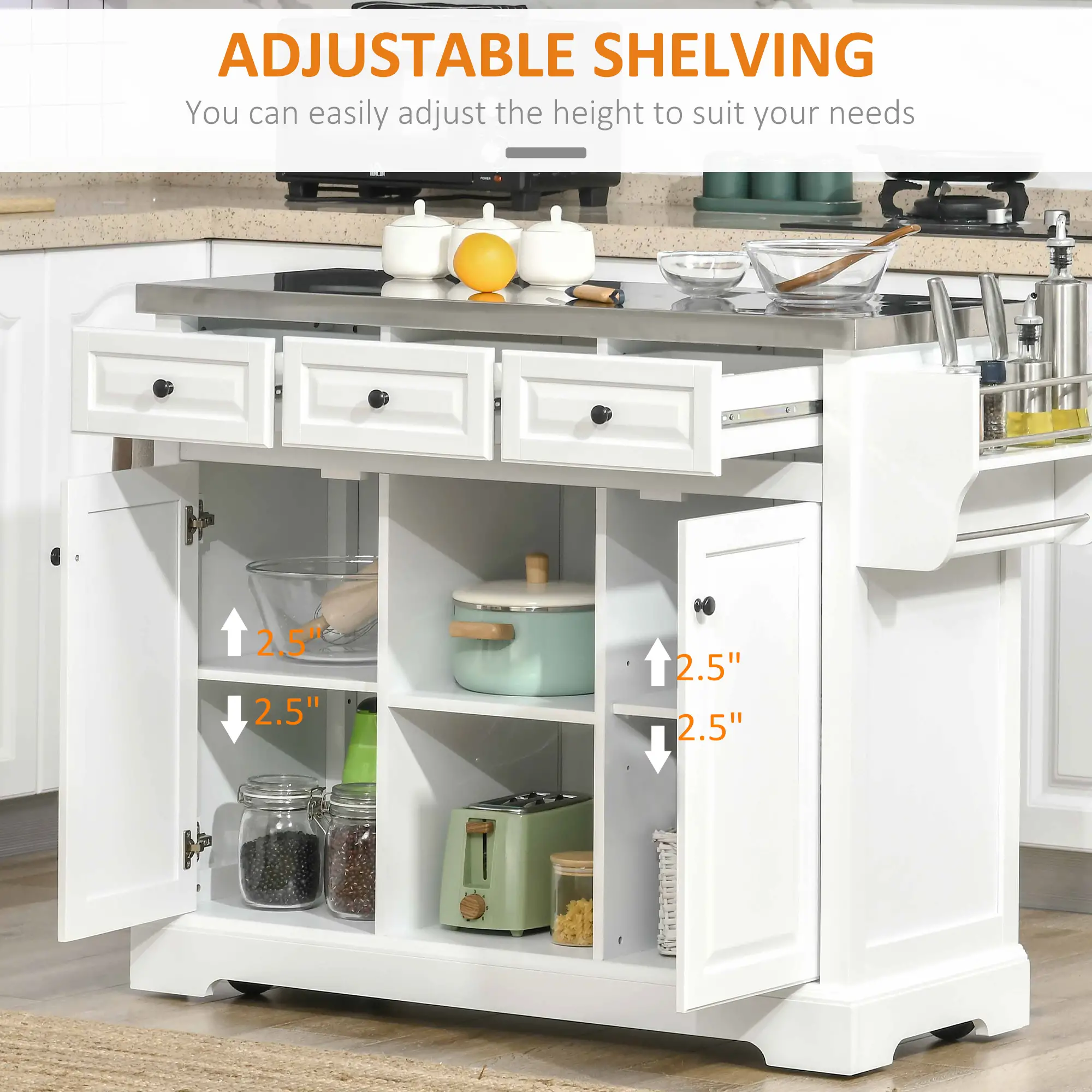 Kitchen Island on Wheels, Stainless Steel Top, Spice Rack, Drawers, White - Image 6