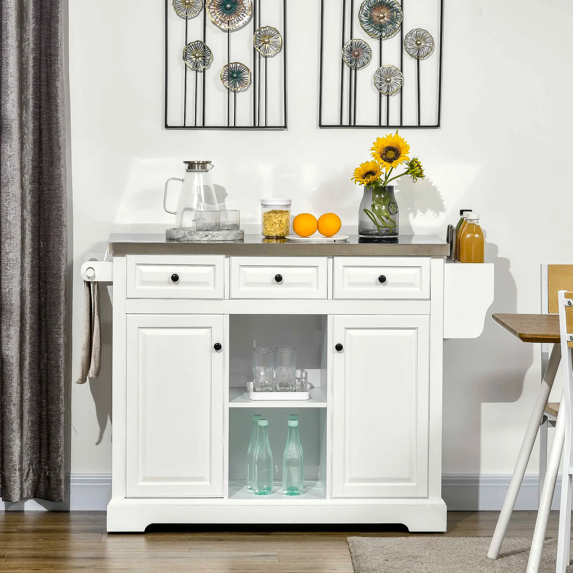 Kitchen Island on Wheels, Stainless Steel Top, Spice Rack, Drawers, White - Image 8