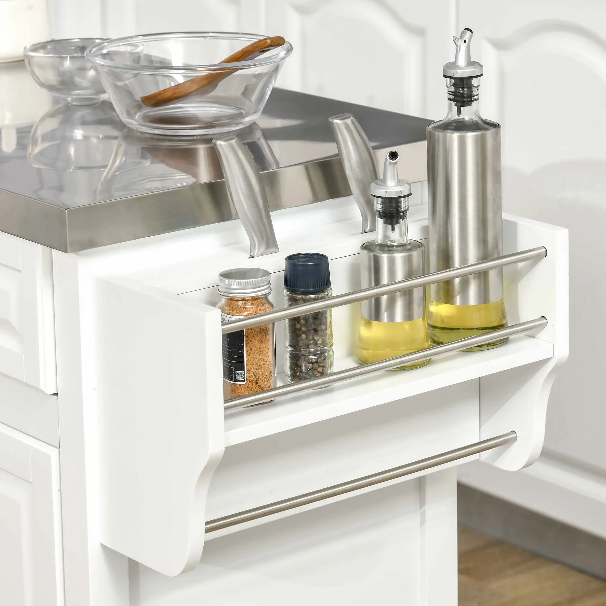 Kitchen Island on Wheels, Stainless Steel Top, Spice Rack, Drawers, White - Image 9