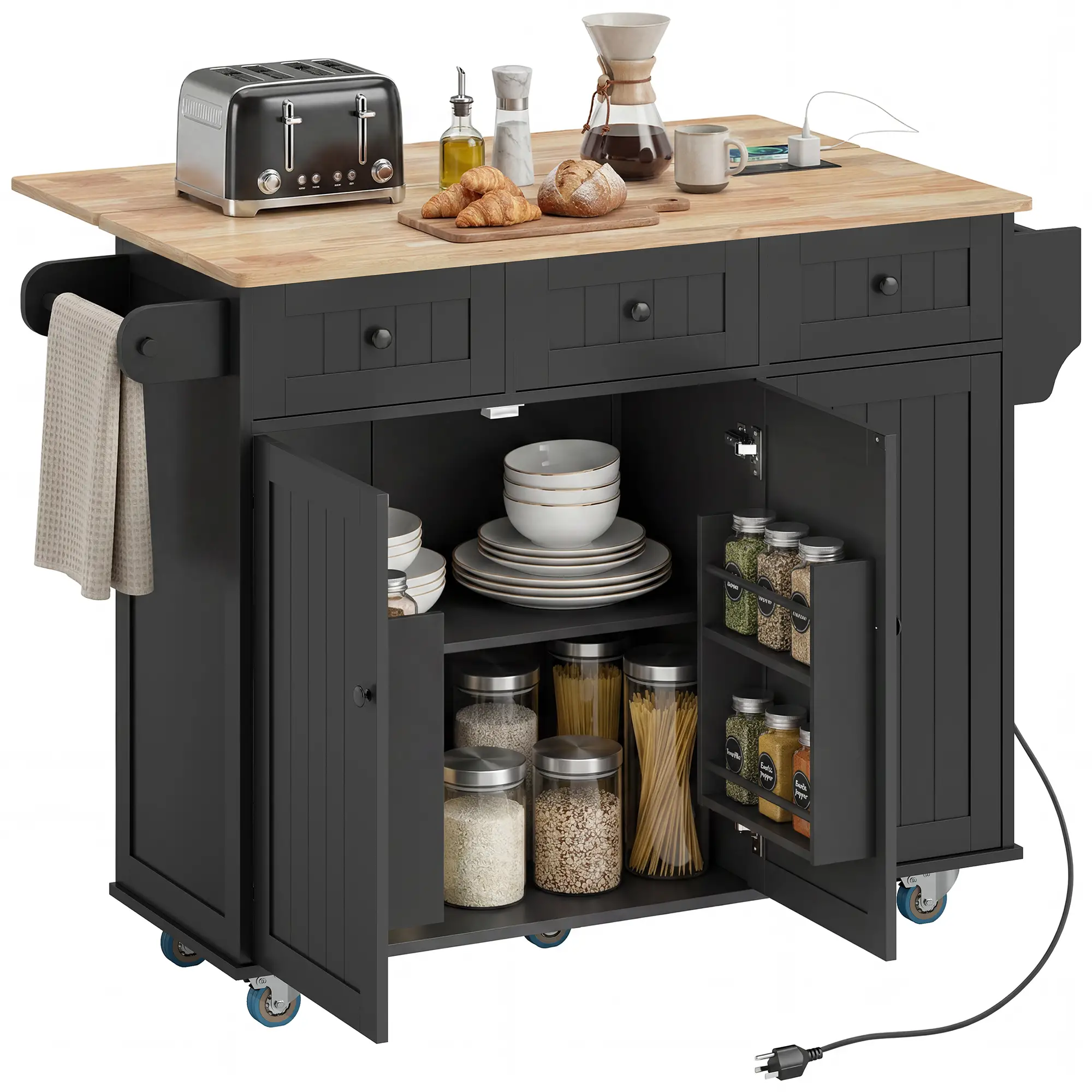 Kitchen Island On Wheels With Drop Leaf, Charging Station, Black