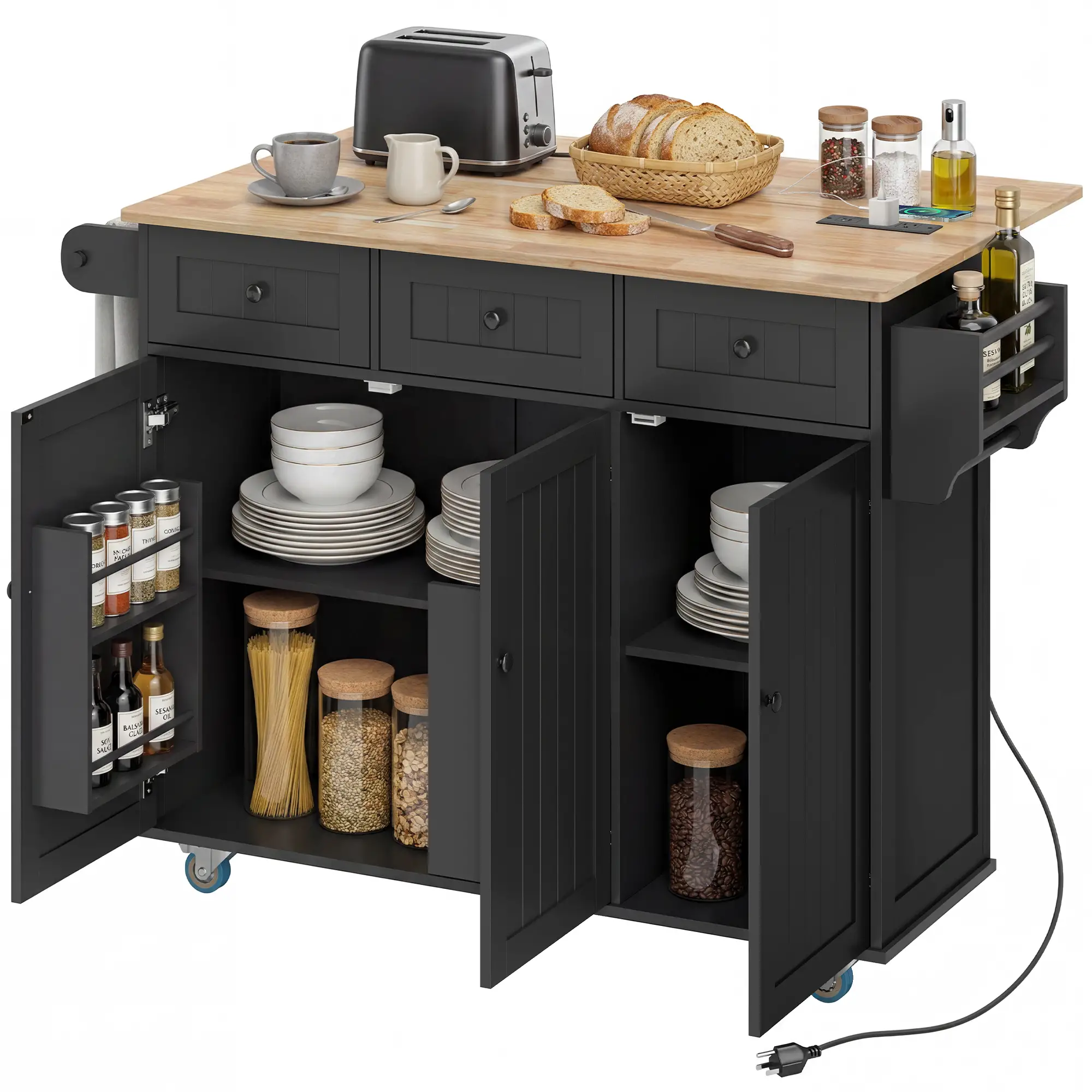 Kitchen Island On Wheels With Drop Leaf, Charging Station, Black - Image 10