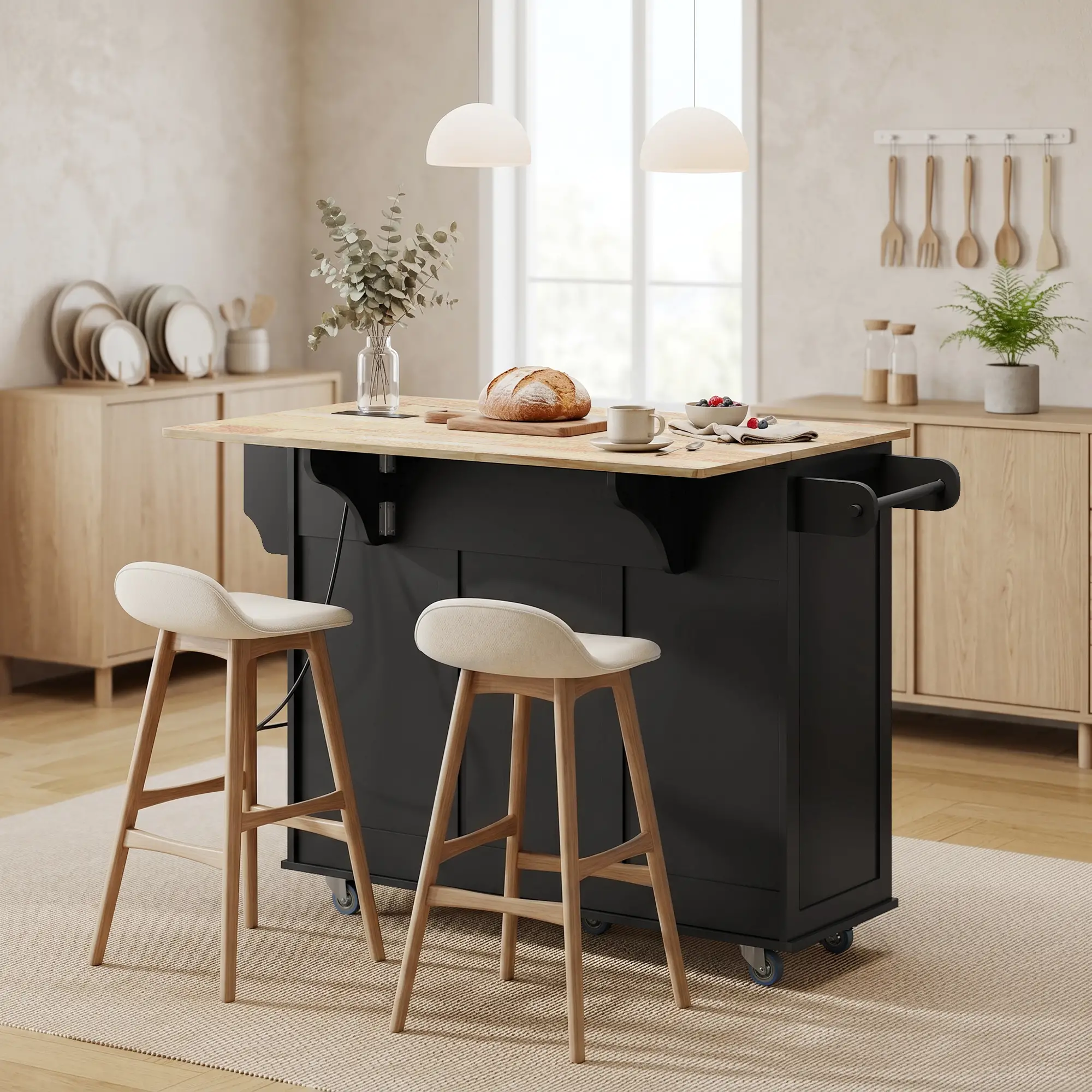 Kitchen Island On Wheels With Drop Leaf, Charging Station, Black - Image 2
