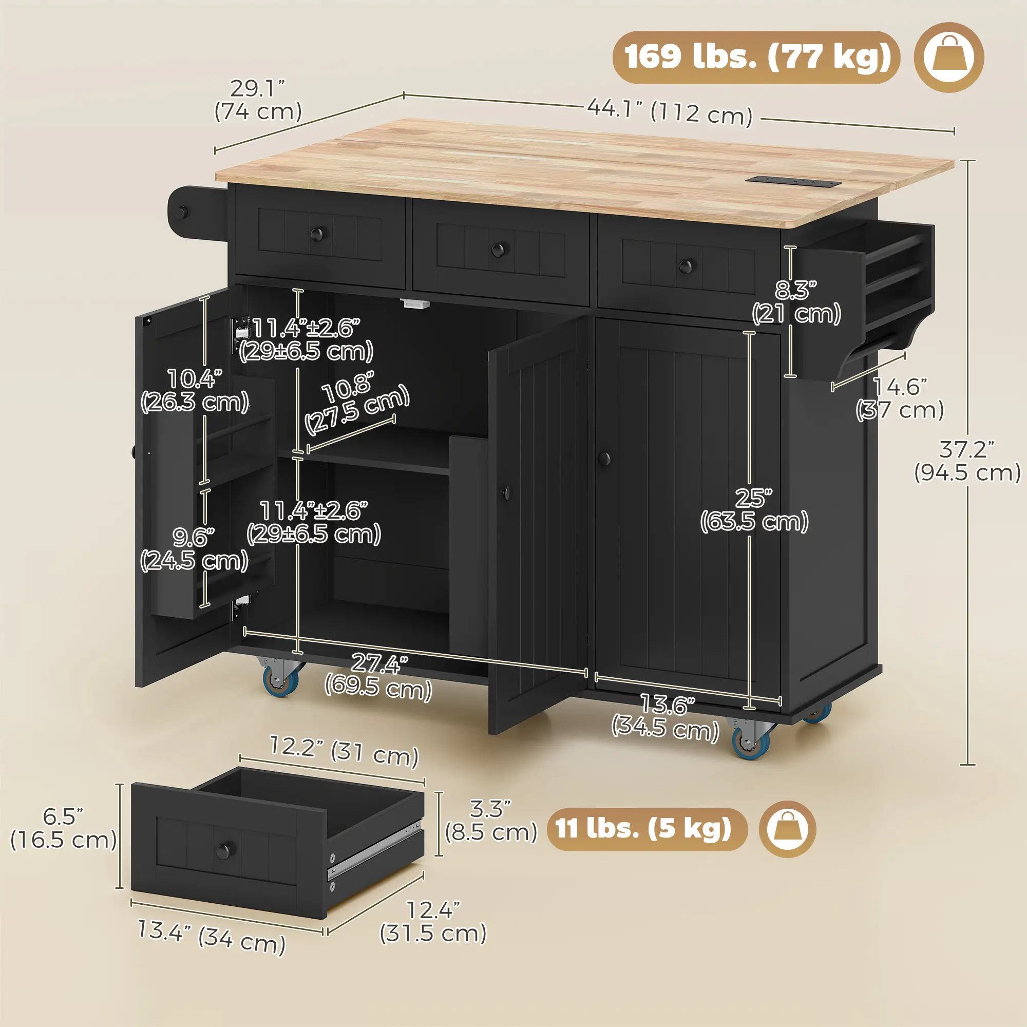 Kitchen Island On Wheels With Drop Leaf, Charging Station, Black - Image 3