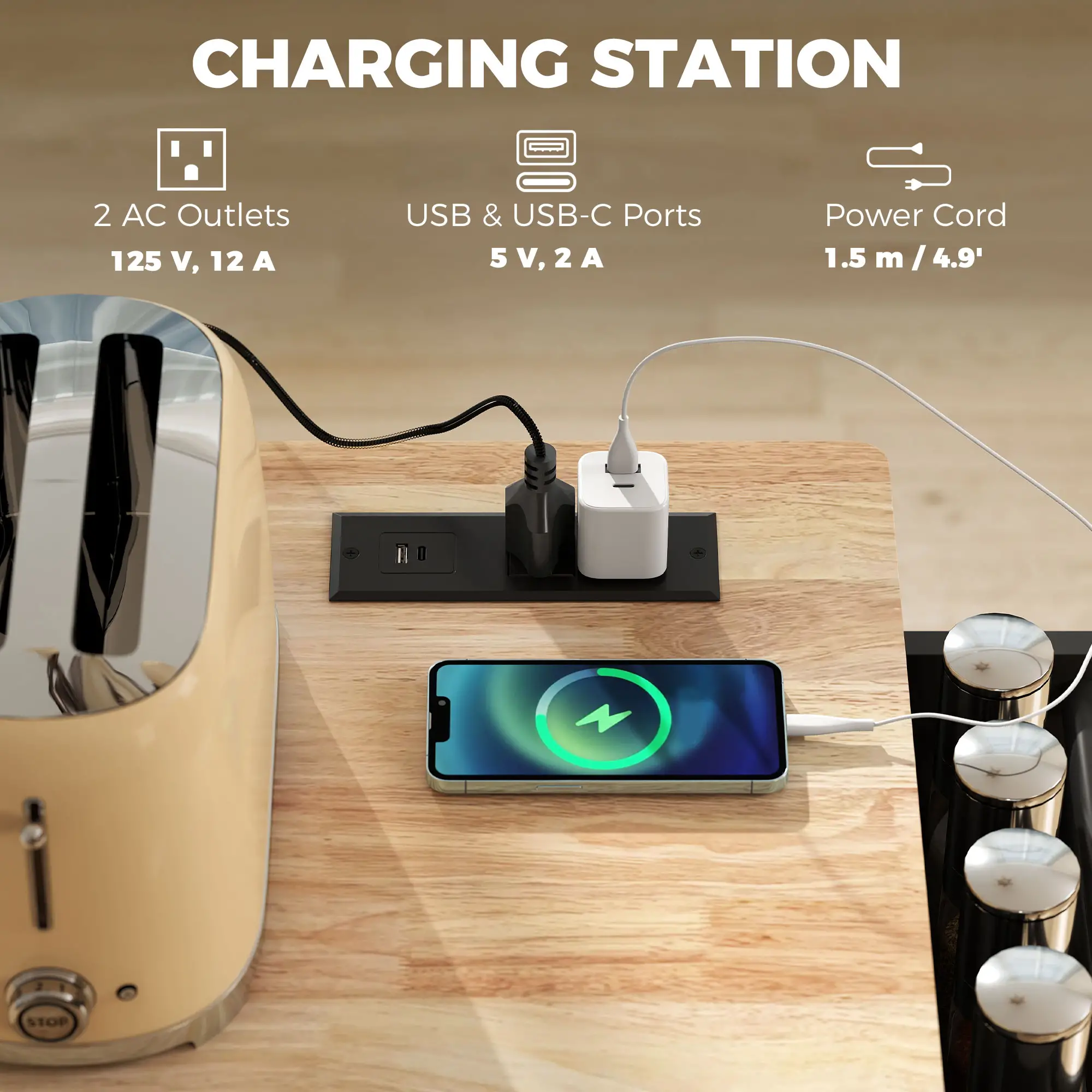 Kitchen Island On Wheels With Drop Leaf, Charging Station, Black - Image 4