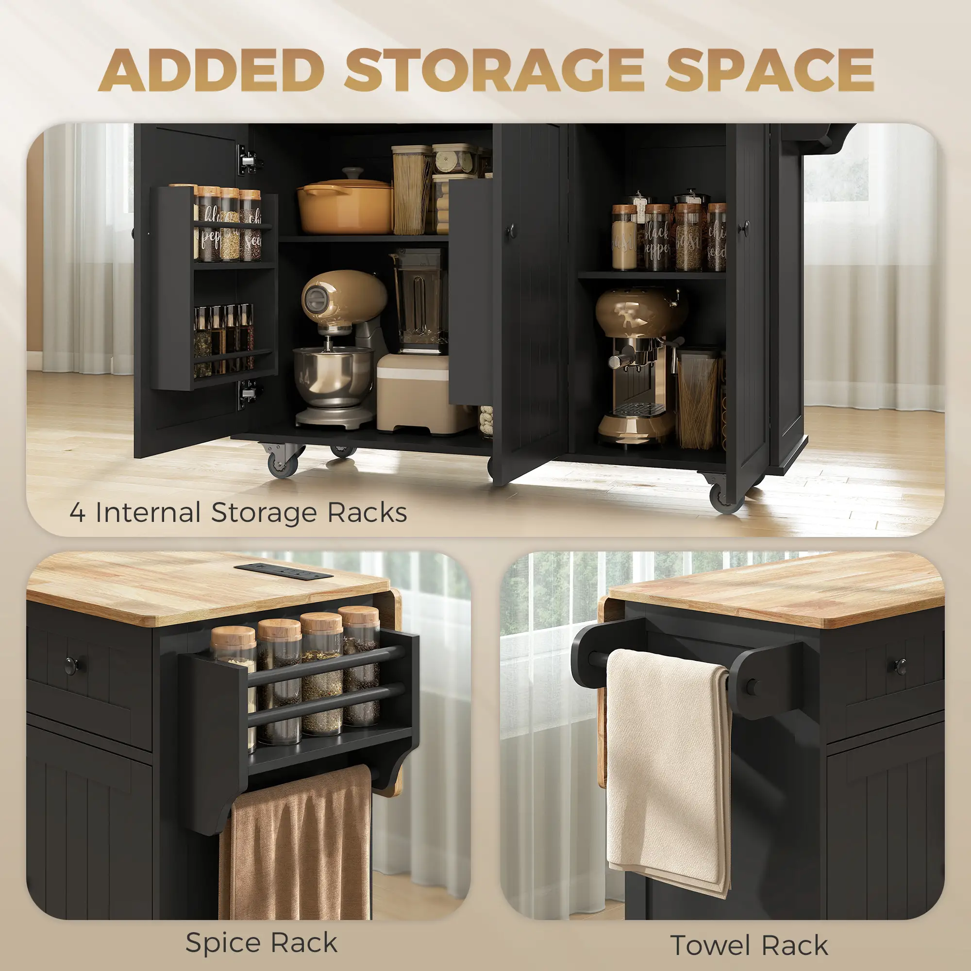 Kitchen Island On Wheels With Drop Leaf, Charging Station, Black - Image 5