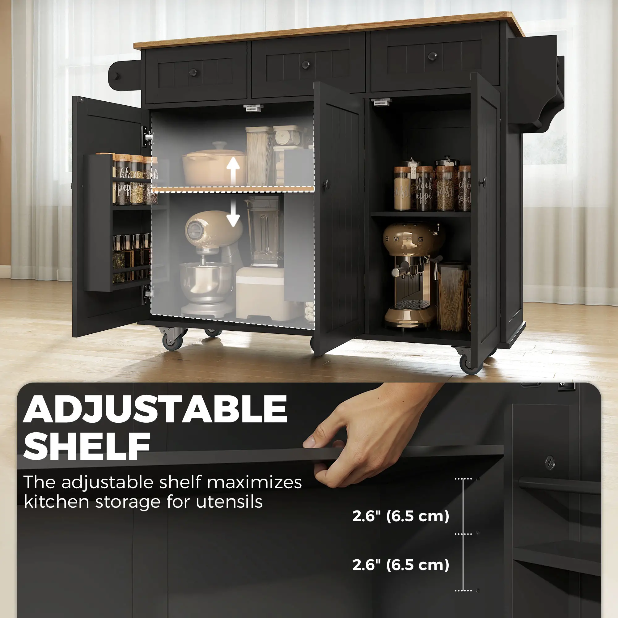 Kitchen Island On Wheels With Drop Leaf, Charging Station, Black - Image 6