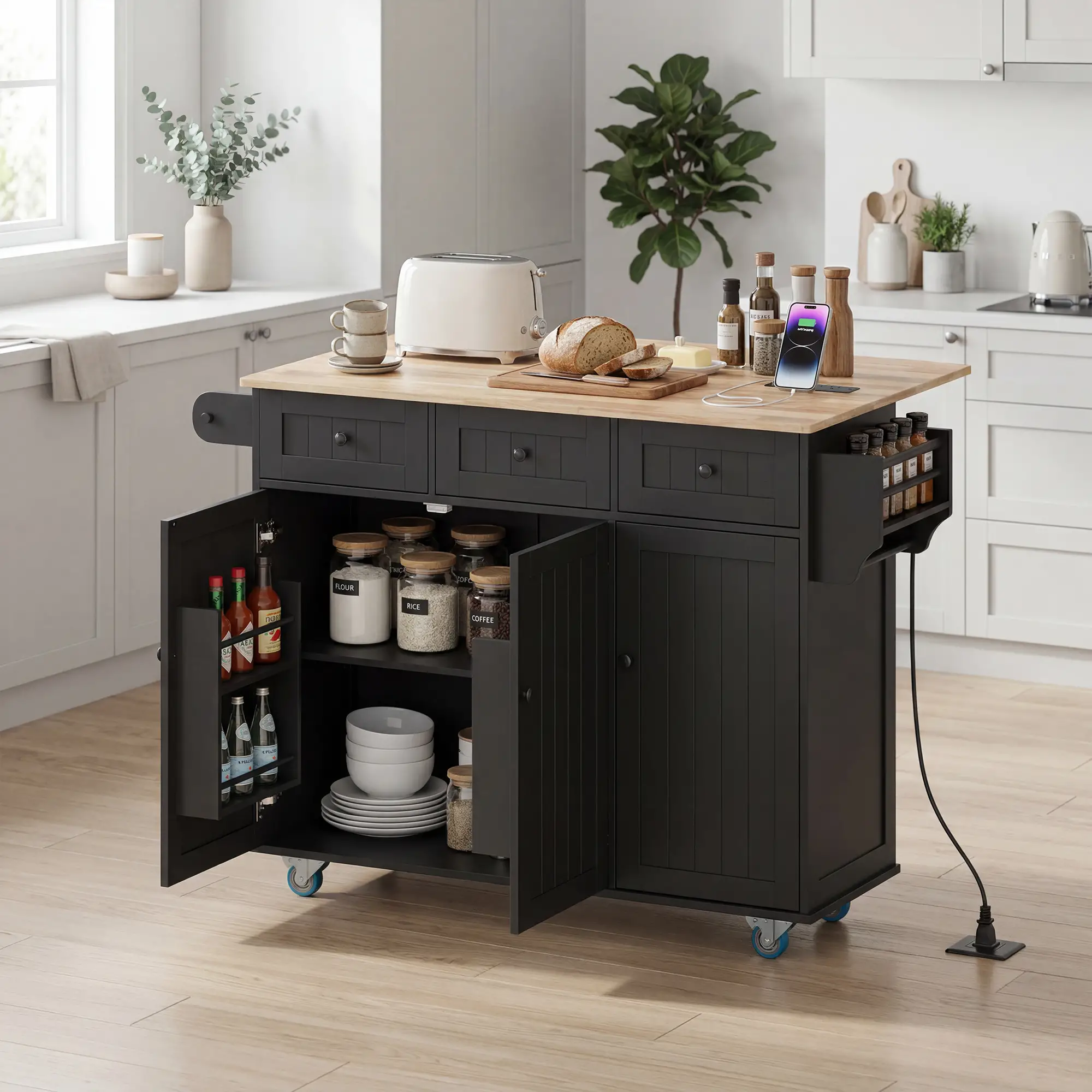 Kitchen Island On Wheels With Drop Leaf, Charging Station, Black - Image 7