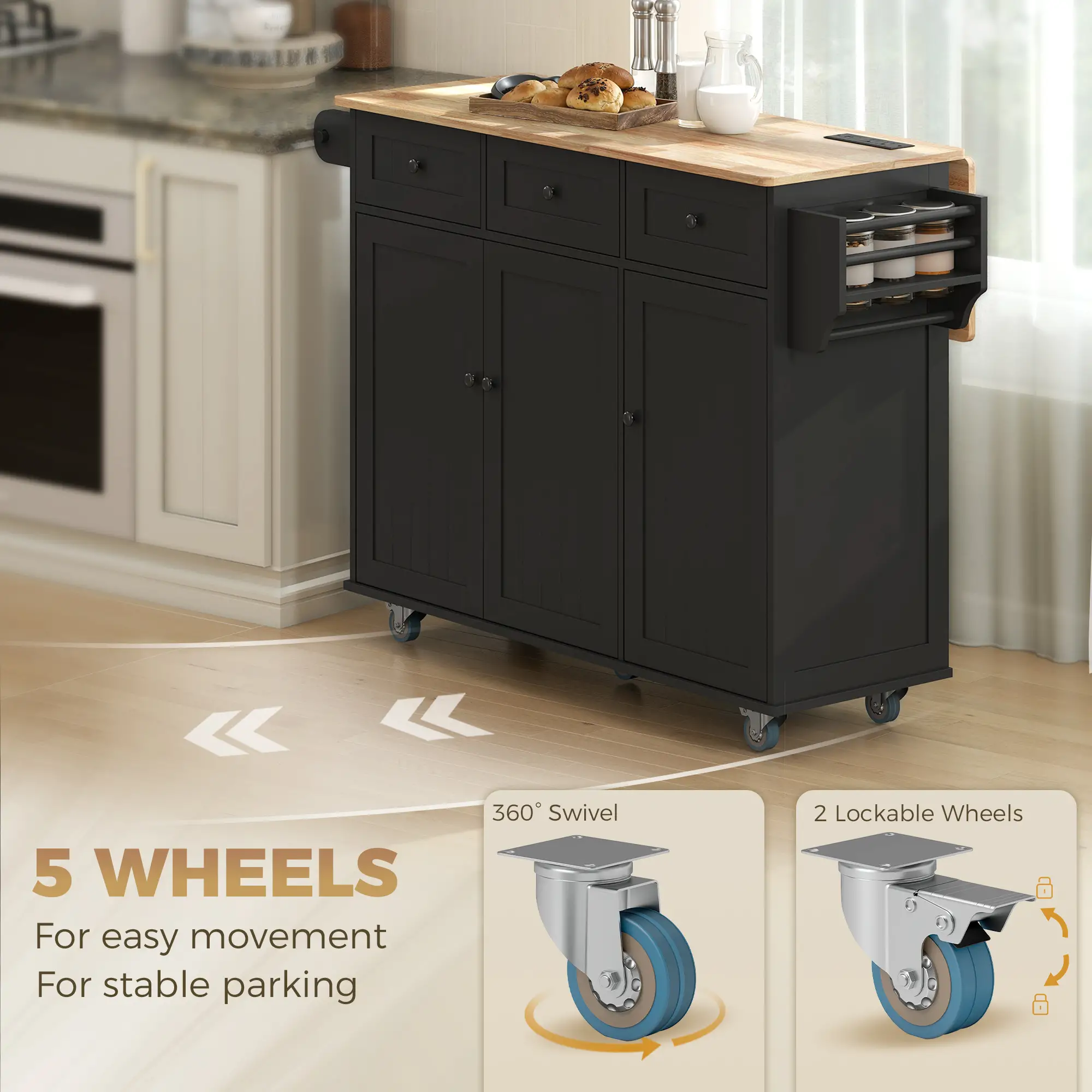 Kitchen Island On Wheels With Drop Leaf, Charging Station, Black - Image 8