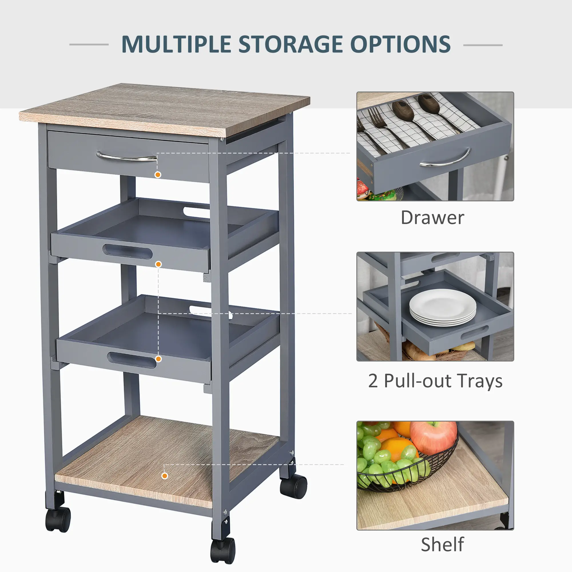 Kitchen Island Rolling Cart with Drawer, Grey - Image 4