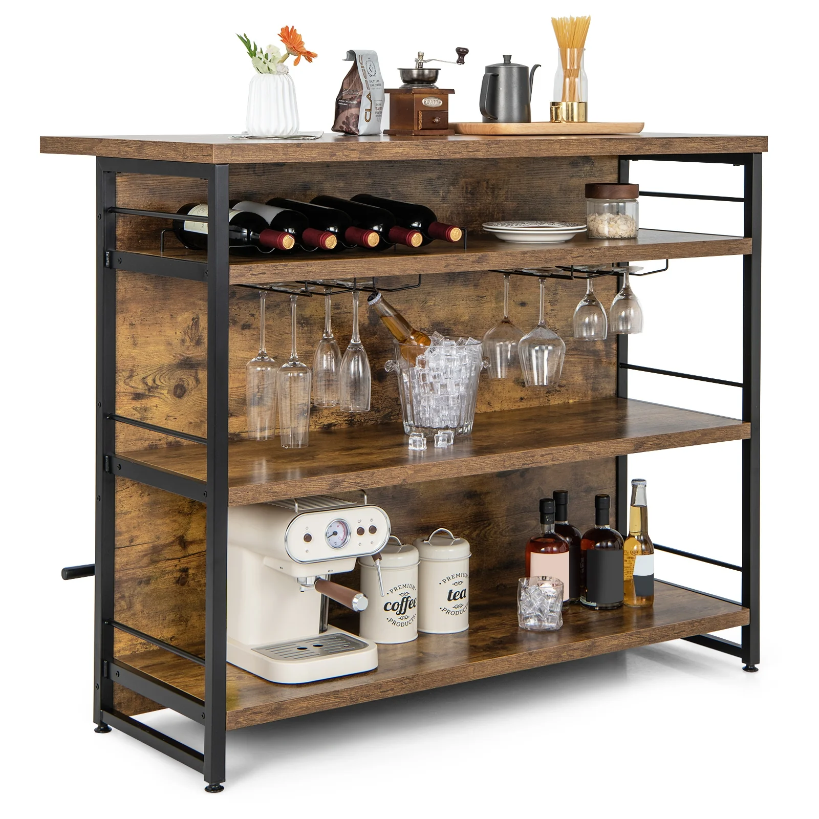 Kitchen Island With 4-Tier Storage Shelf, Long Footrest, Rustic, Brown - Image 4