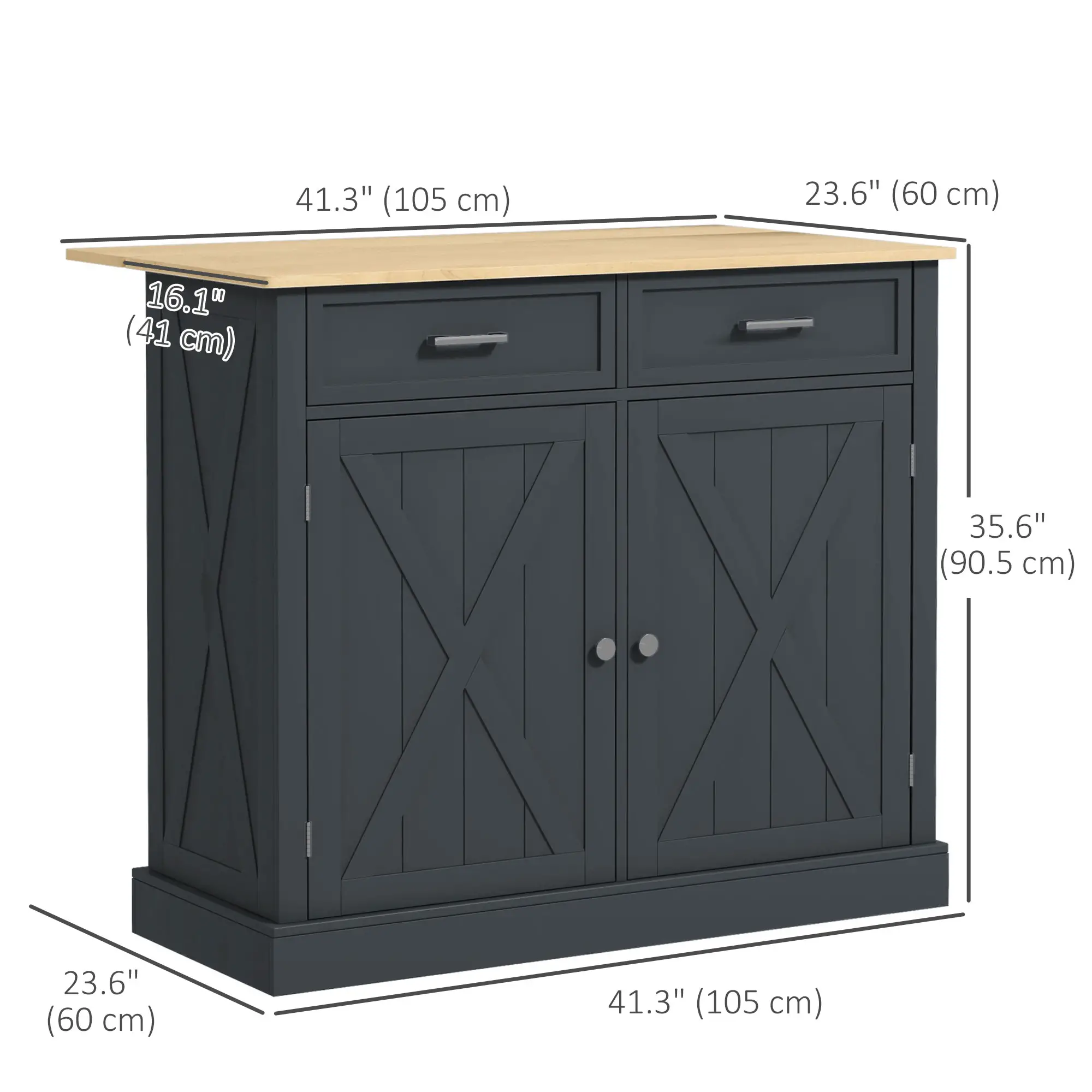 Kitchen Island with Drop Leaf, 2 Drawers, Adjustable Shelves, Dark Grey - Image 3