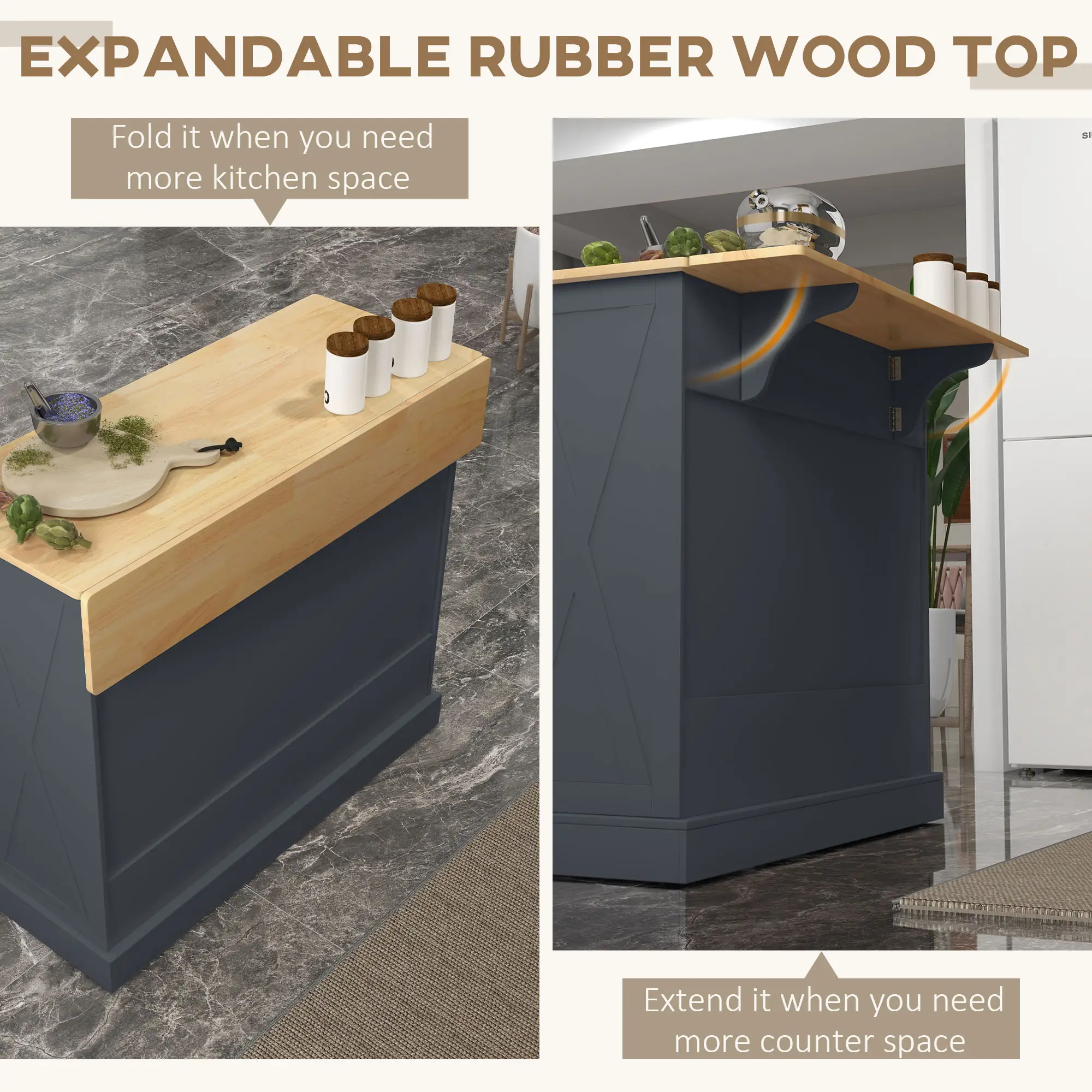 Kitchen Island with Drop Leaf, 2 Drawers, Adjustable Shelves, Dark Grey - Image 4