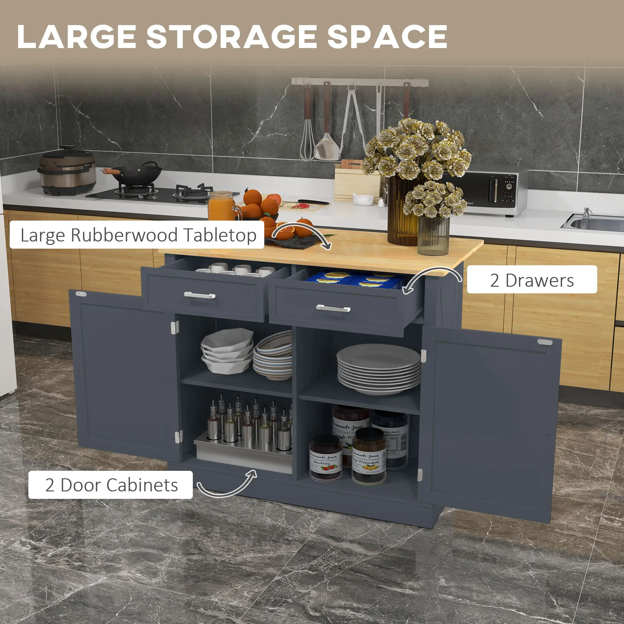 Kitchen Island with Drop Leaf, 2 Drawers, Adjustable Shelves, Dark Grey - Image 5