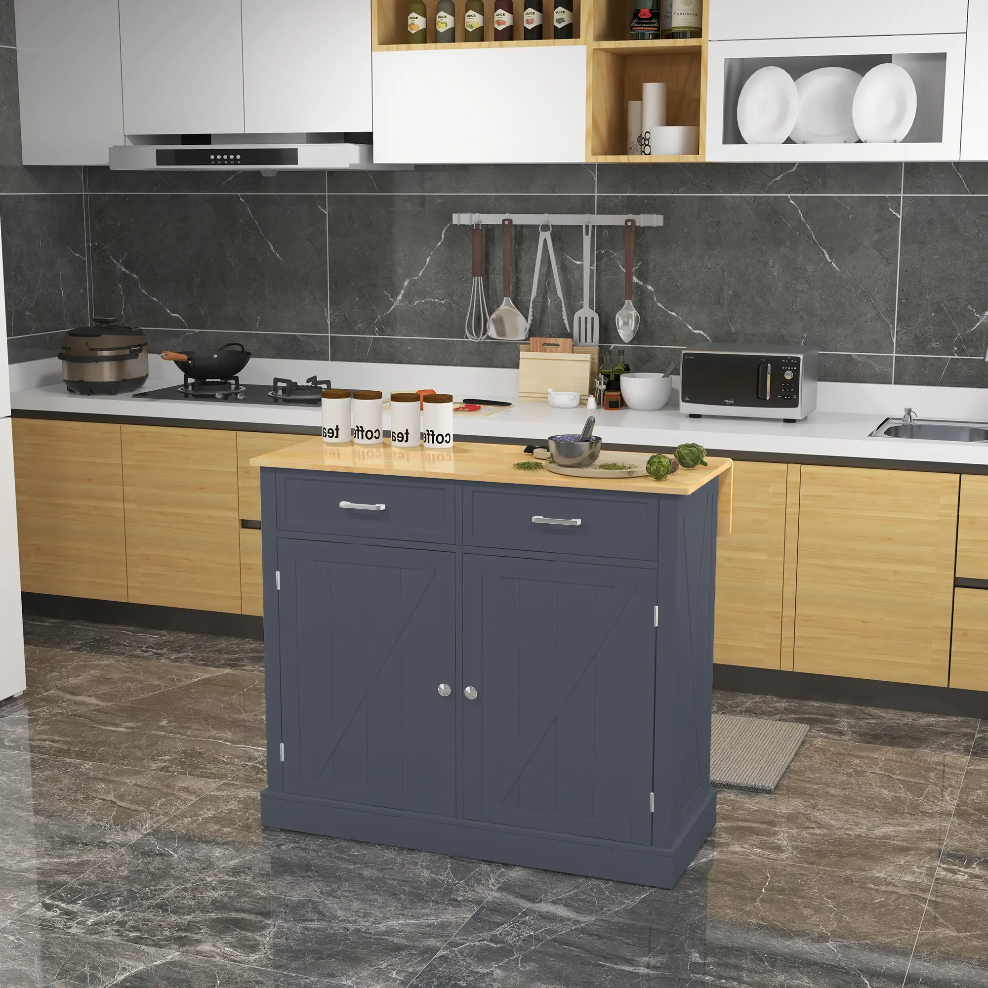 Kitchen Island with Drop Leaf, 2 Drawers, Adjustable Shelves, Dark Grey - Image 8