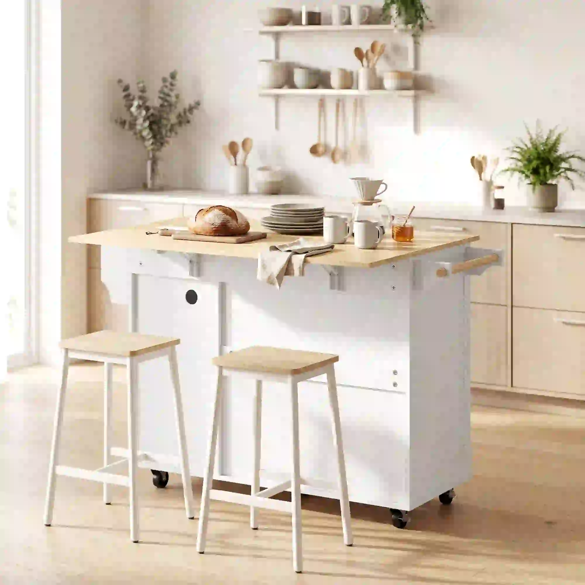 Kitchen Island With Drop Leaf, White - Image 2