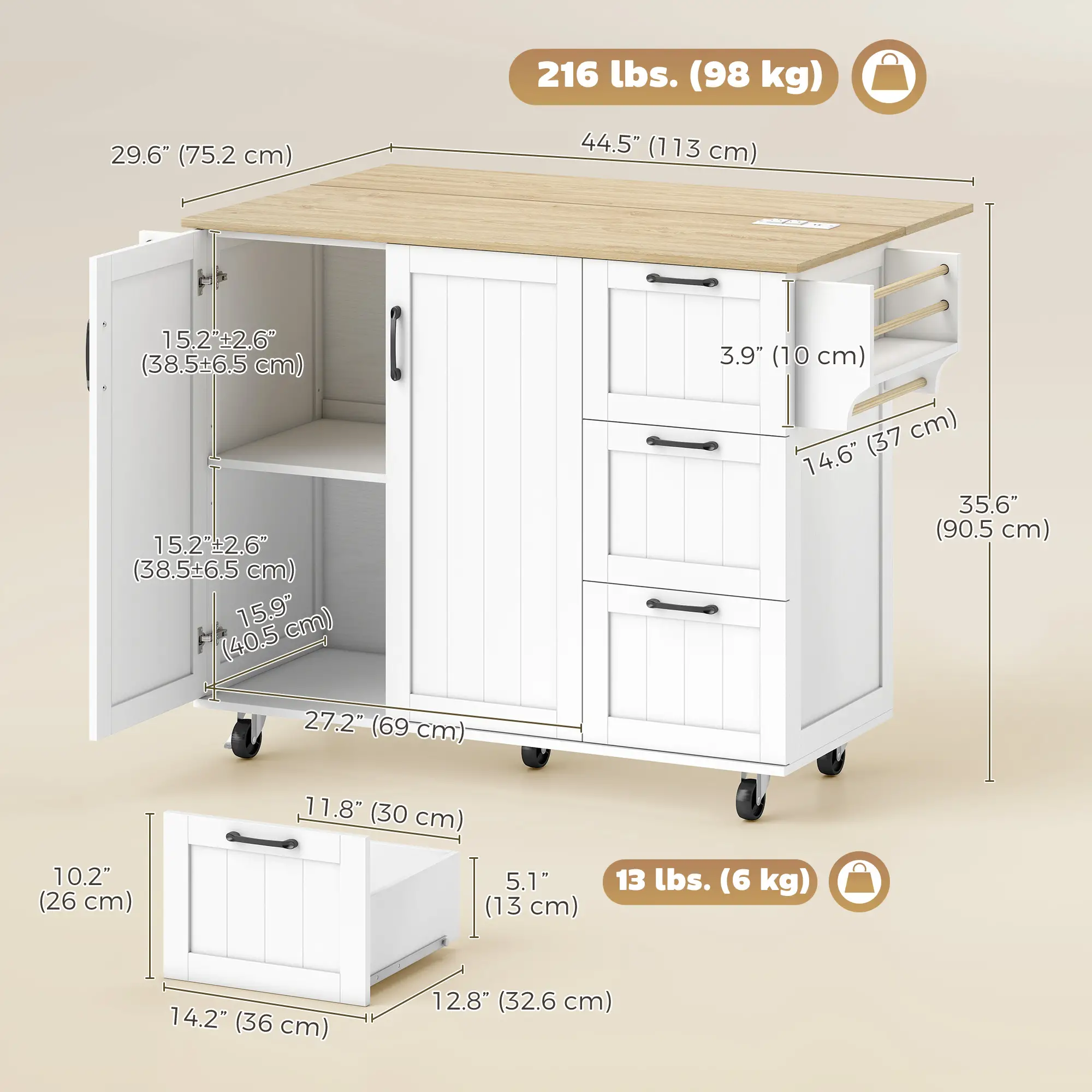 Kitchen Island With Drop Leaf, White - Image 3