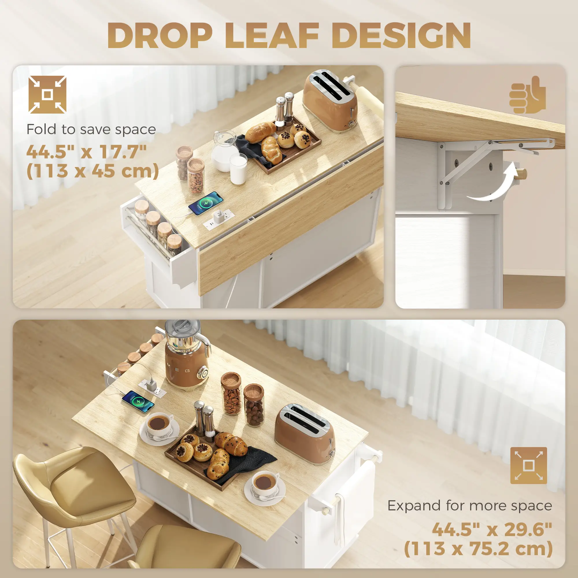 Kitchen Island With Drop Leaf, White - Image 4